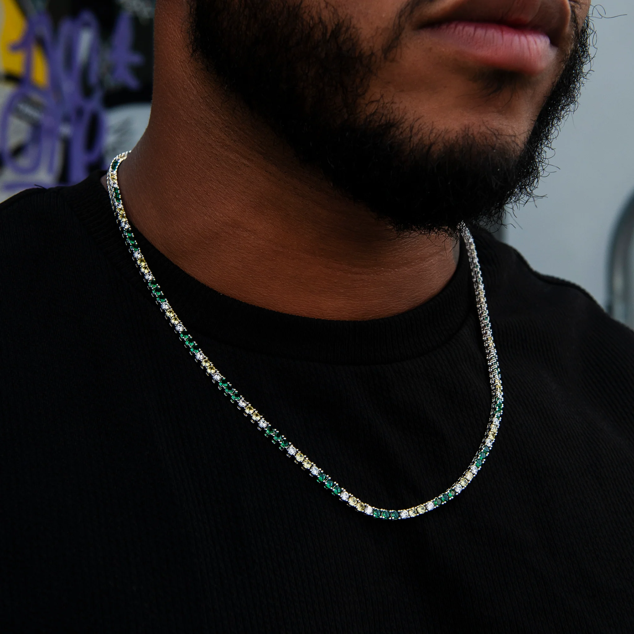3MM Diamond Tennis Chain - Green Yellow White