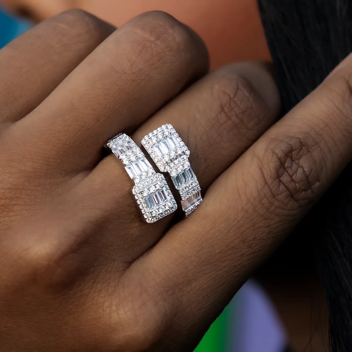 Cushion Cut Wrap Baguette Ring in White Gold Vermeil