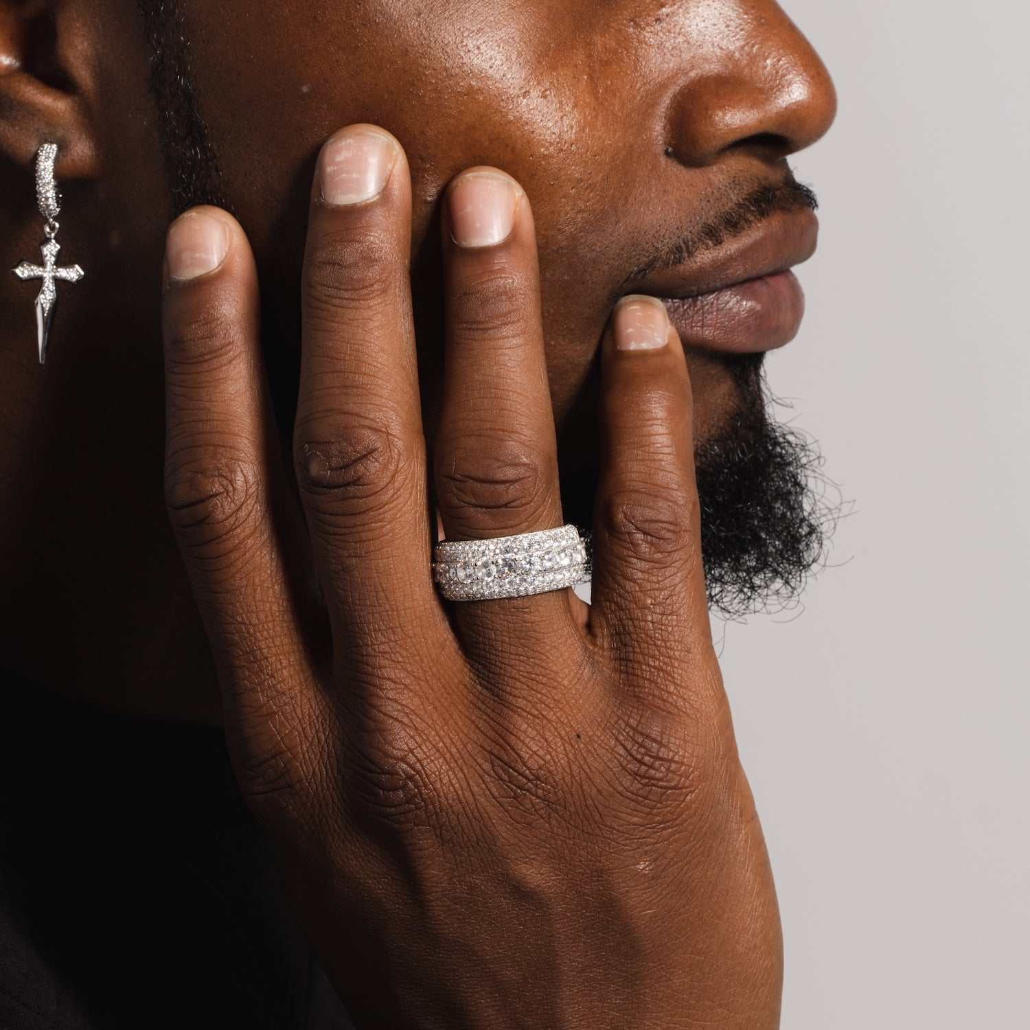 Men's Moissanite 5 Layer Diamond Band Ring in White Gold Vermeil