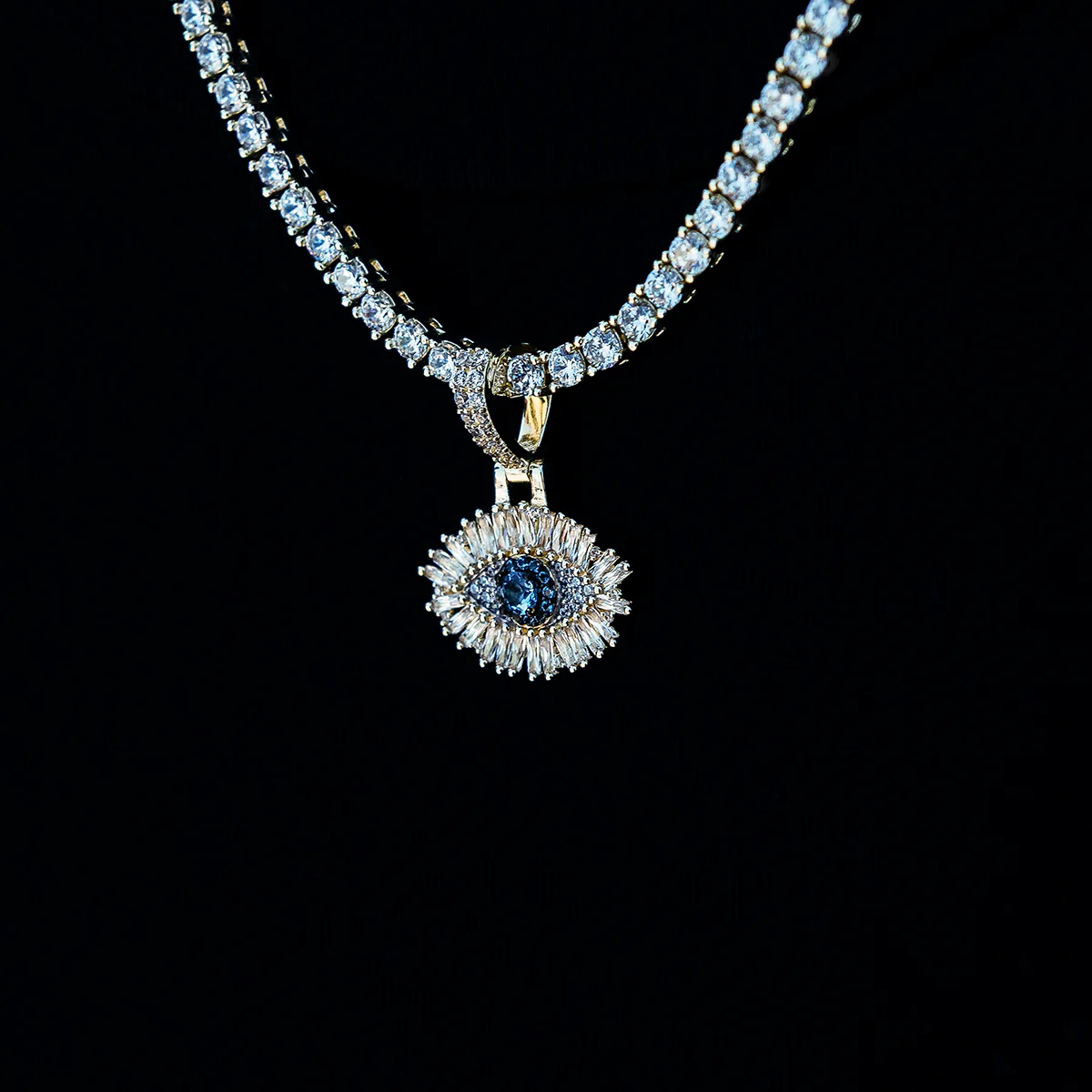 Iced Evil Eye Micro Pendant in Yellow Gold