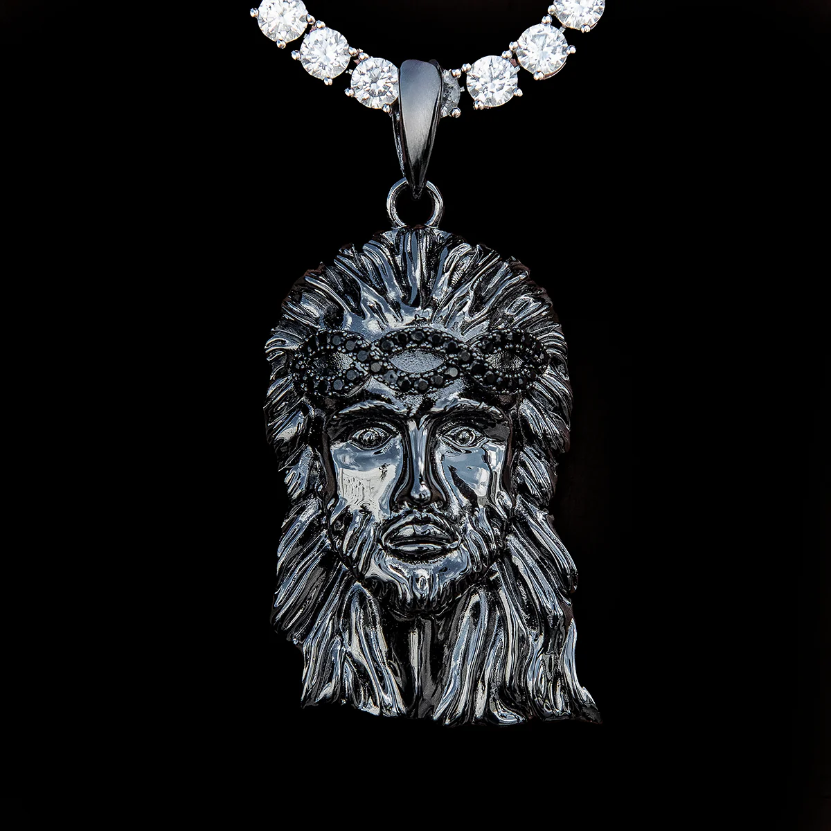 Large Diamond Crown Portrait of Jesus Pendant in Black Rhodium