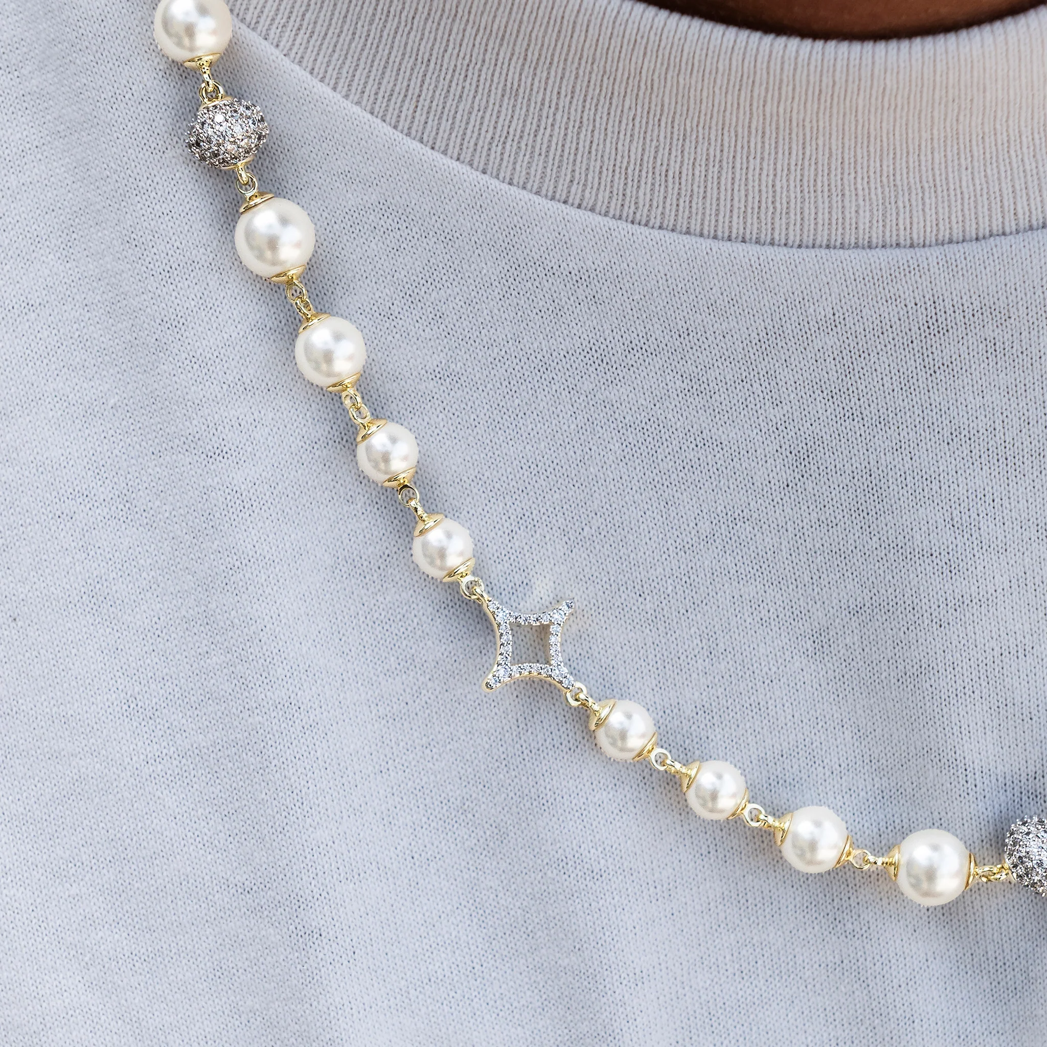 Iced Beaded Pearl Chain in Yellow Gold