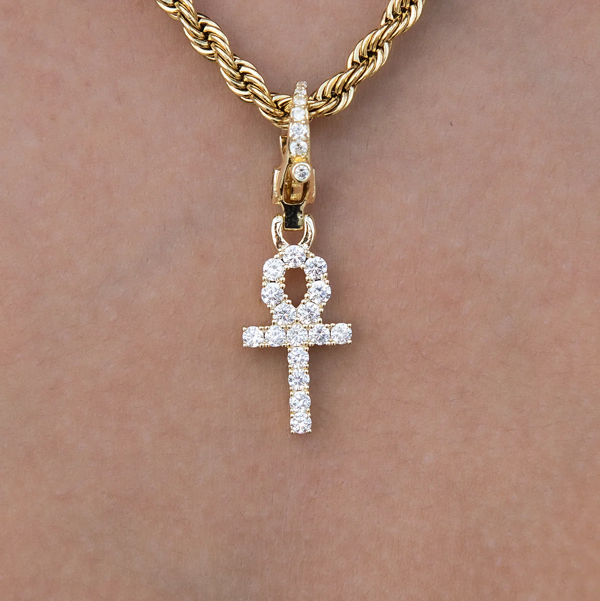 Micro Ankh Cross Clip On Charm Pendant in Yellow Gold