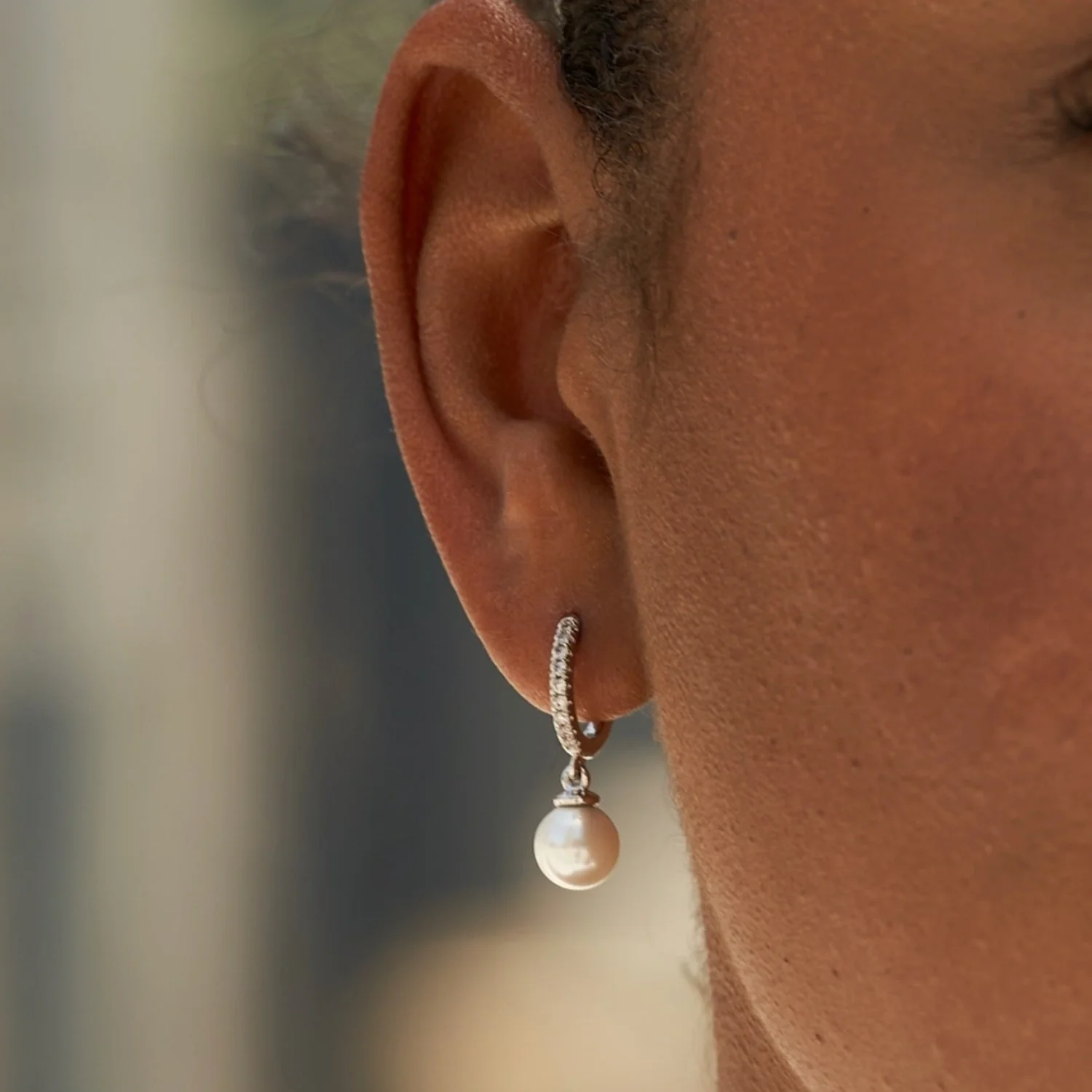 Pave Extra Small Huggie Hoop Pearl Drop Earrings in White Gold