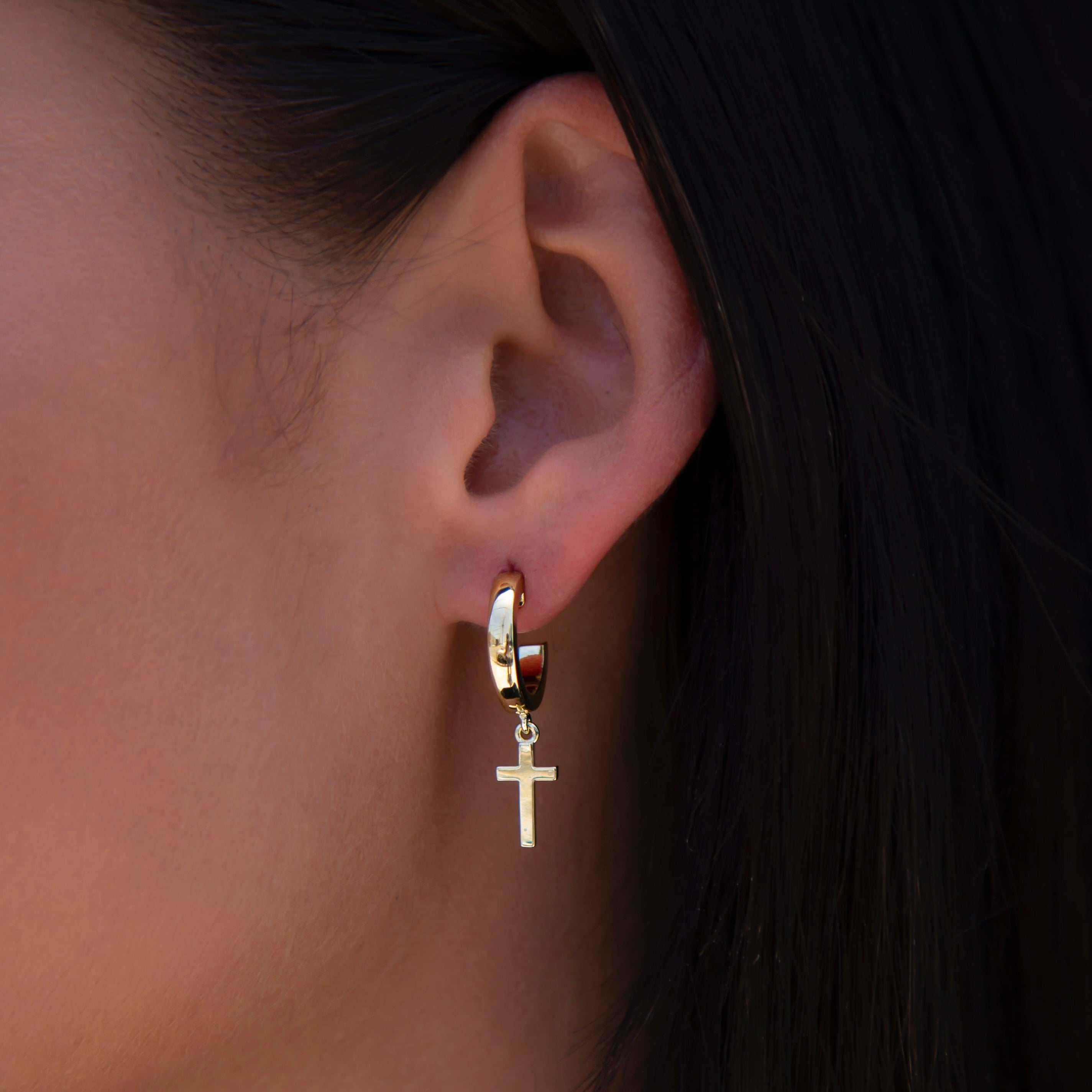 Polished Cross Round Hoop Earrings in Yellow Gold