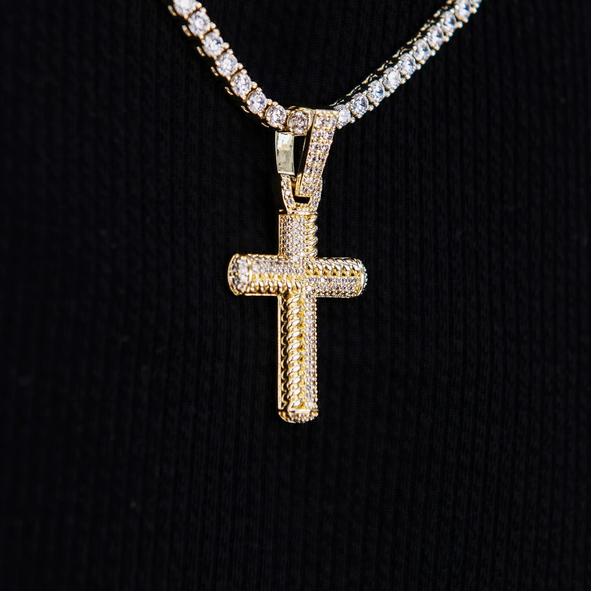 Iced Rope Mix Cross Pendant in Yellow Gold