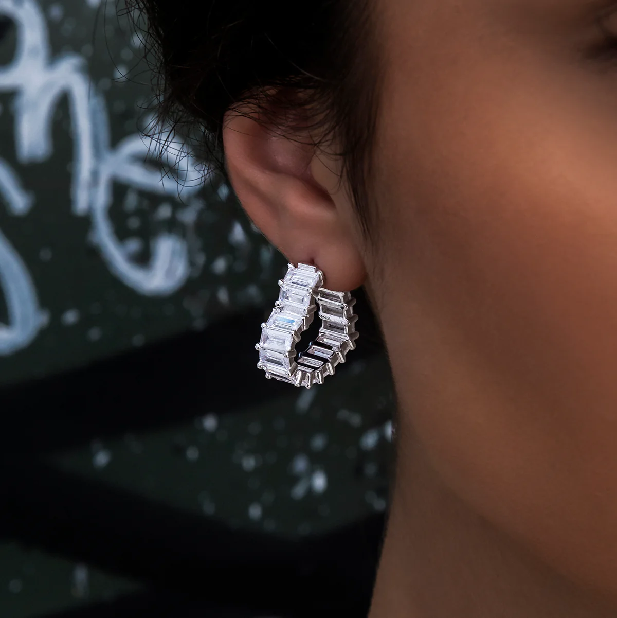 Baguette Heart Hoop Earrings - White Gold