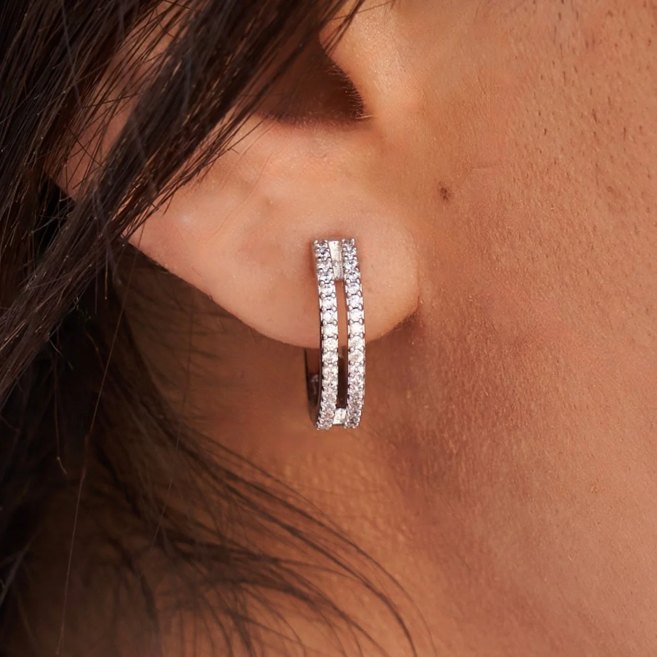 Split Iced Hoop Earrings in White Gold