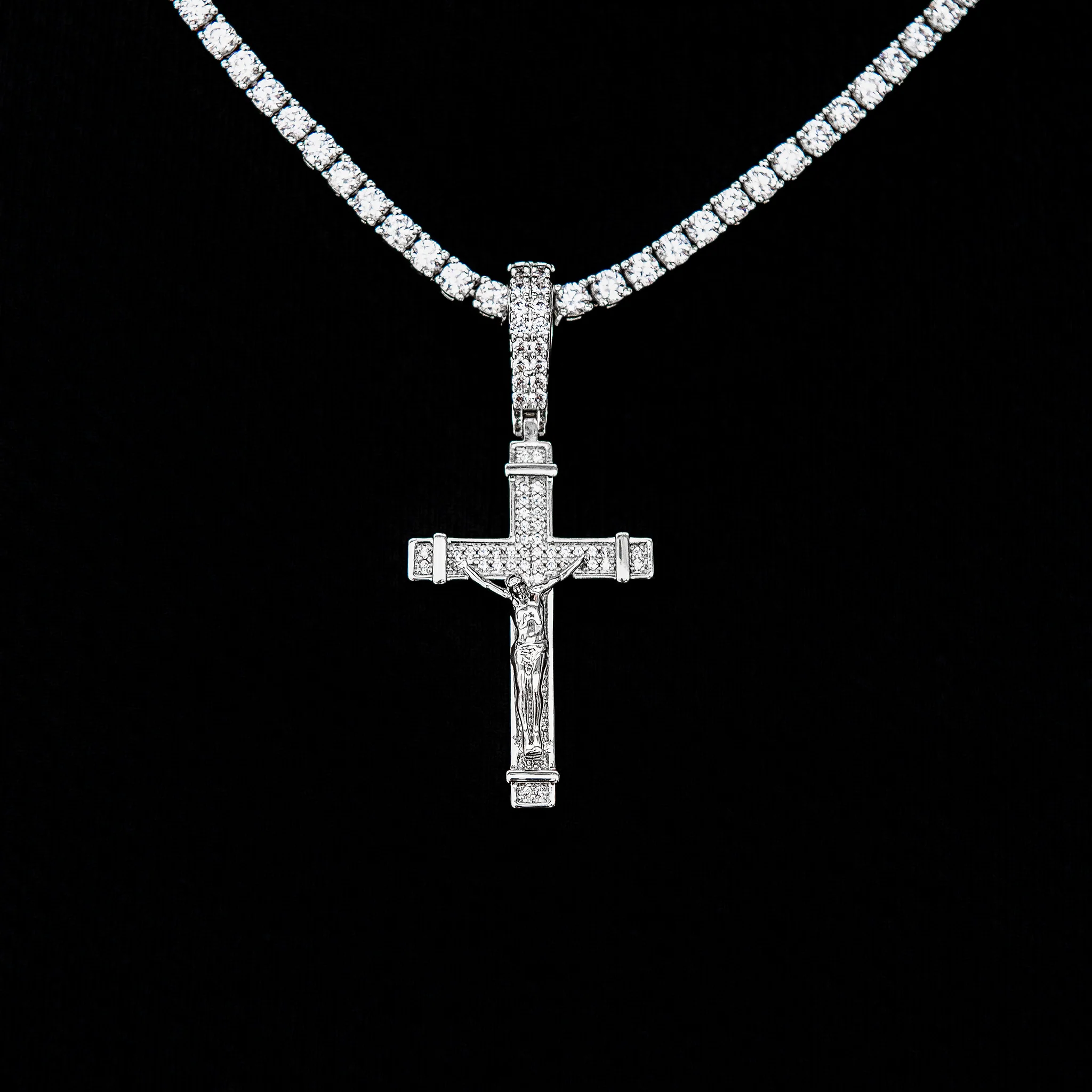 Iced Flat Crucifix Pendant in White Gold