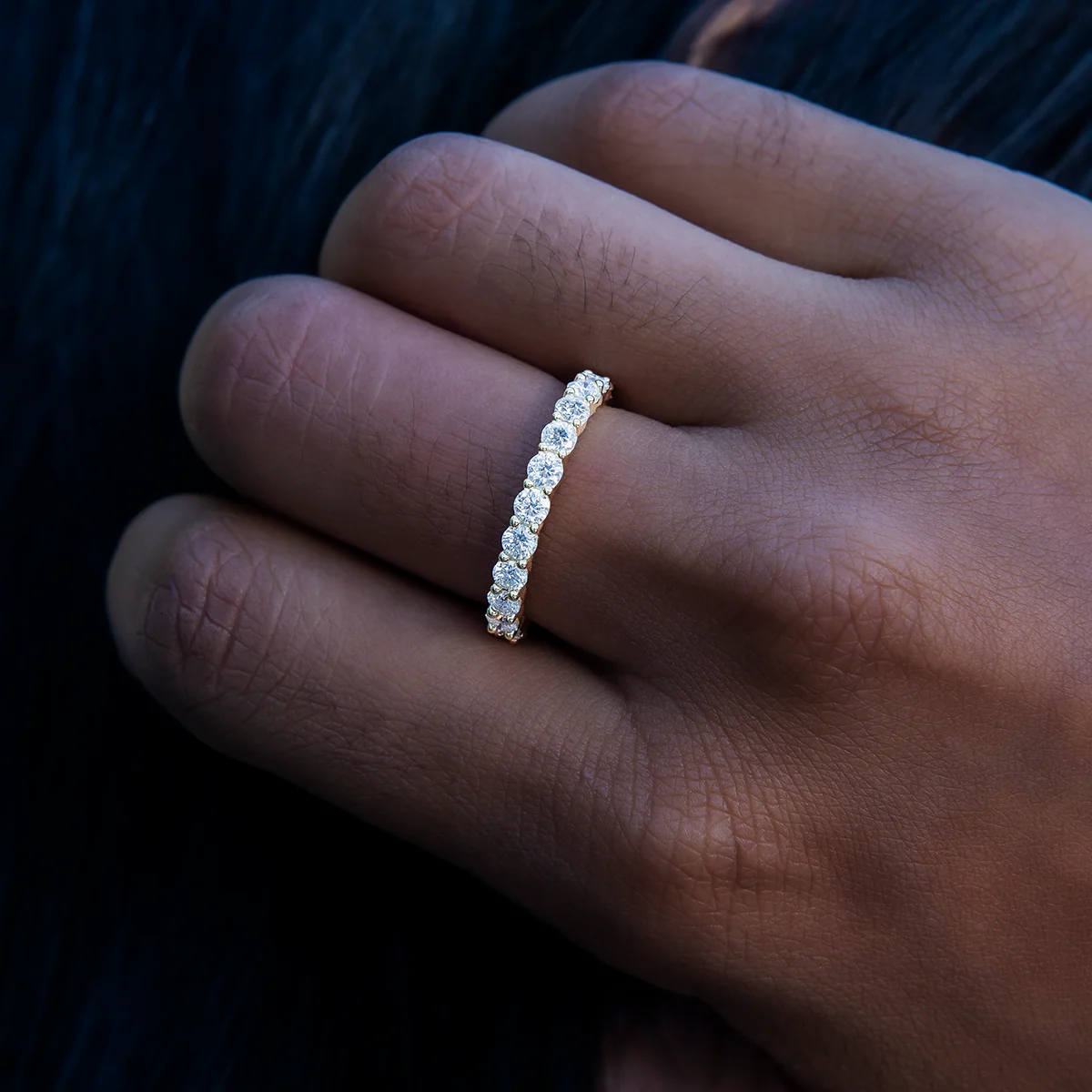 Women's 2MM Round Cut Moissanite Eternity Band Ring in Yellow Gold Vermeil