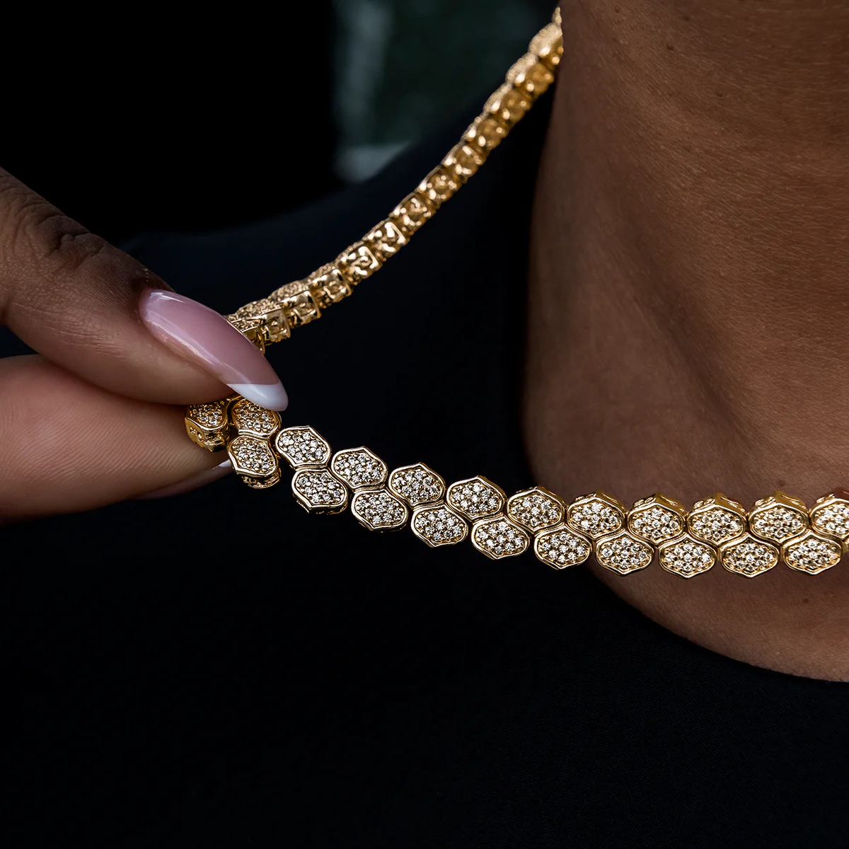 Diamond Pave Flat Snake Link Necklace in Yellow Gold-4mm