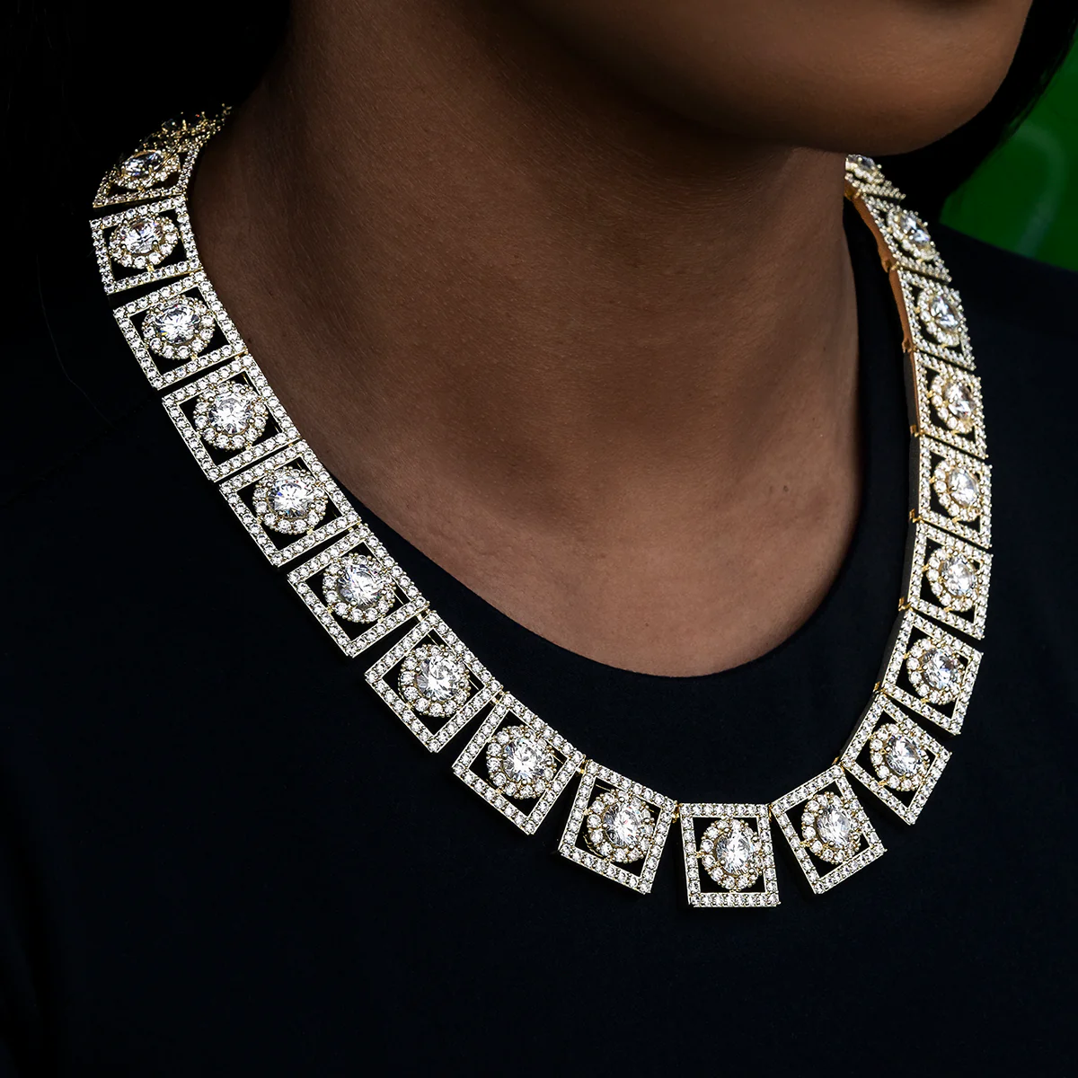 Layered Halo Diamond Link Necklace in Yellow Gold