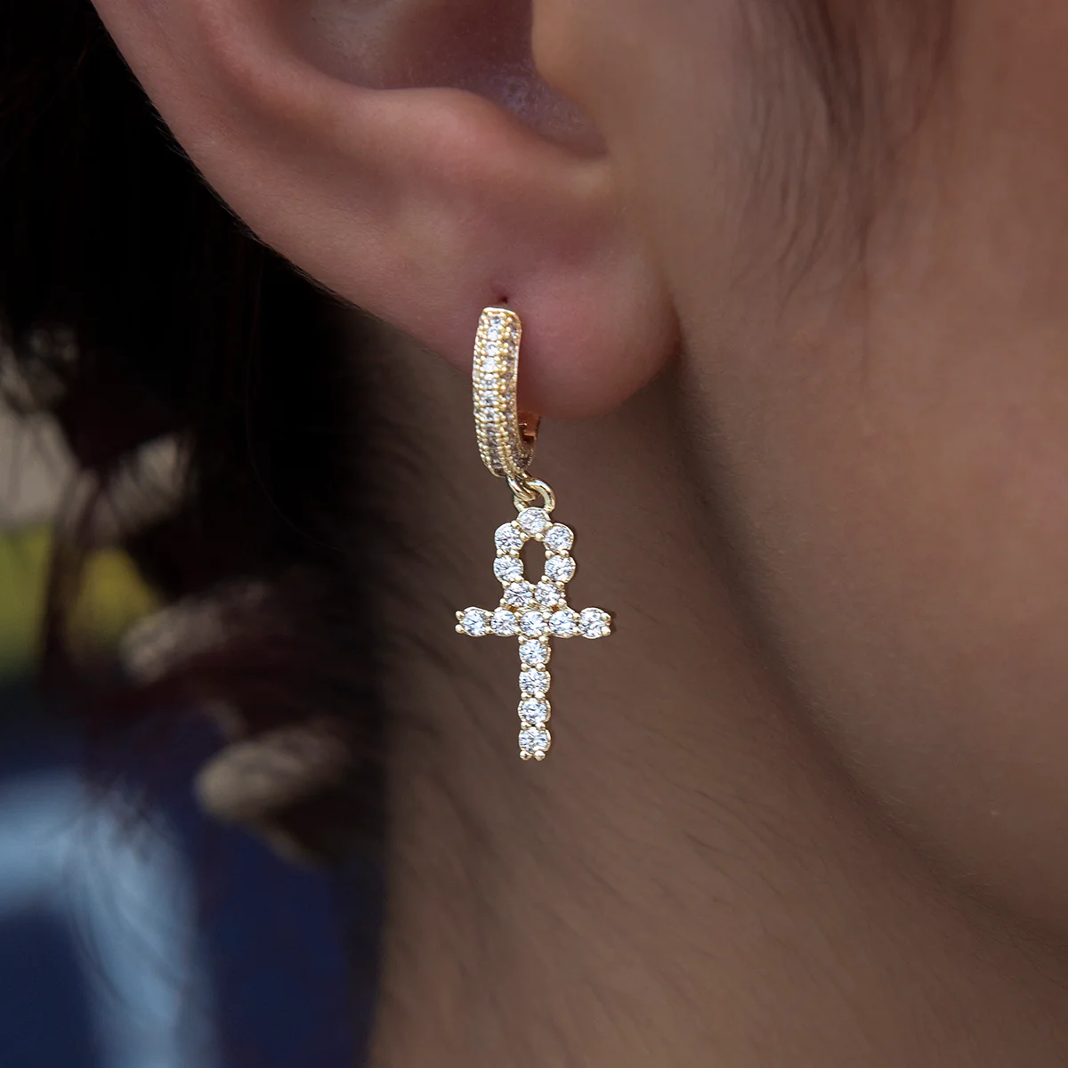 Iced Ankh Cross Hoop Earrings in Yellow Gold