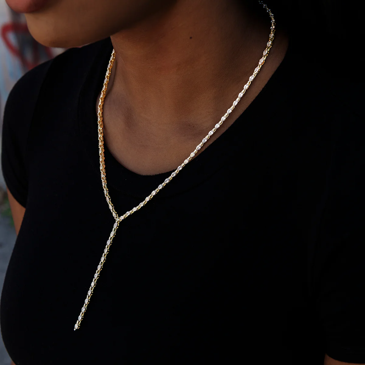 Diamond Marquise Stone Lariat Necklace in Yellow Gold