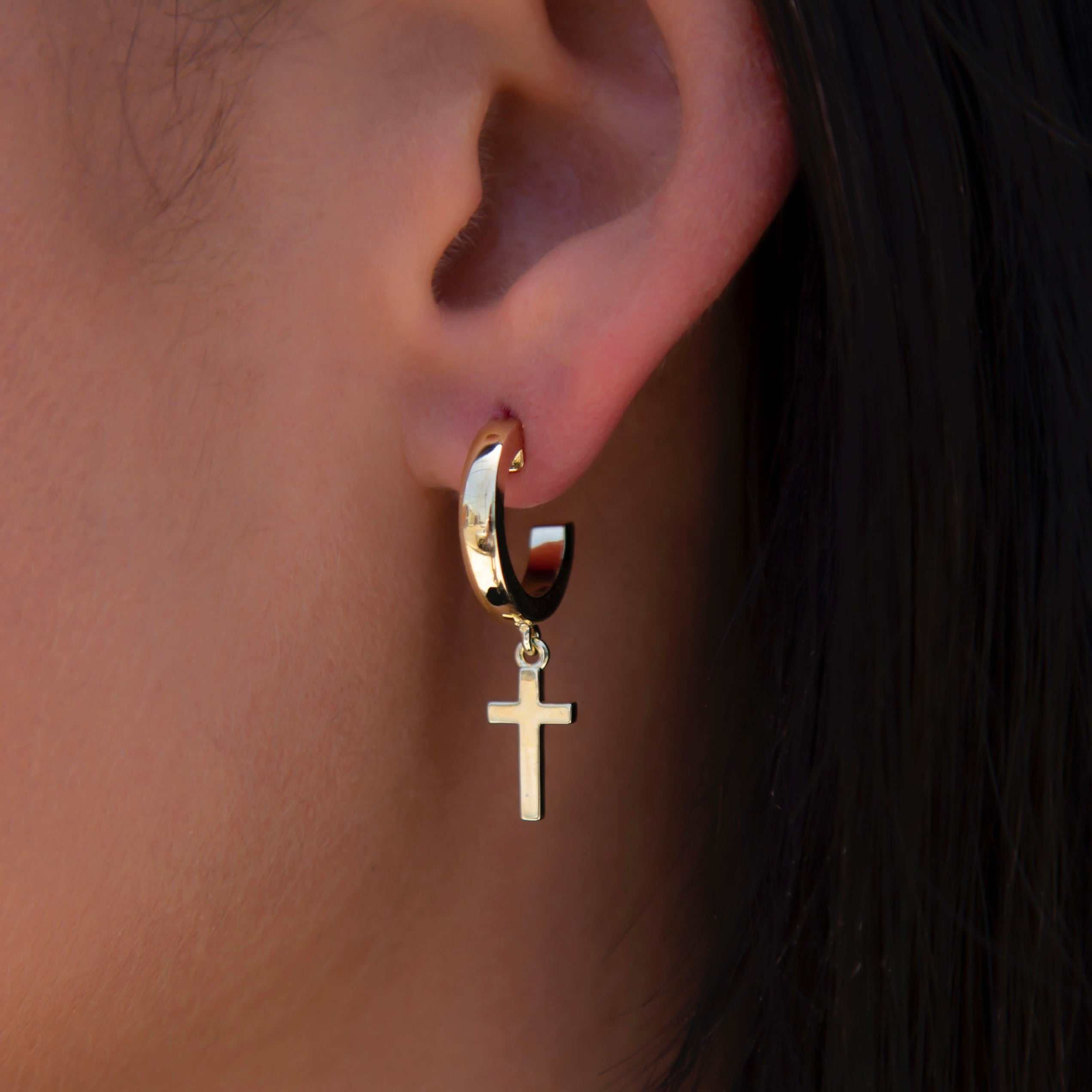 Polished Cross Round Hoop Earrings in Yellow Gold