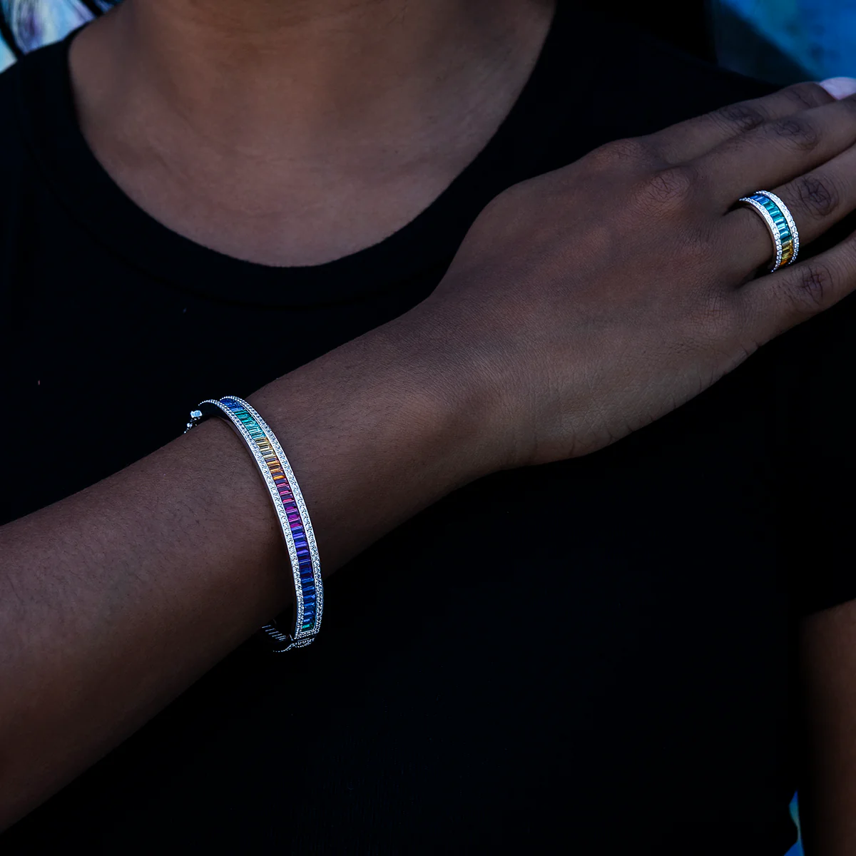 Iced Rainbow Baguette Bangle + Iced Rainbow Baguette Ring in White Gold