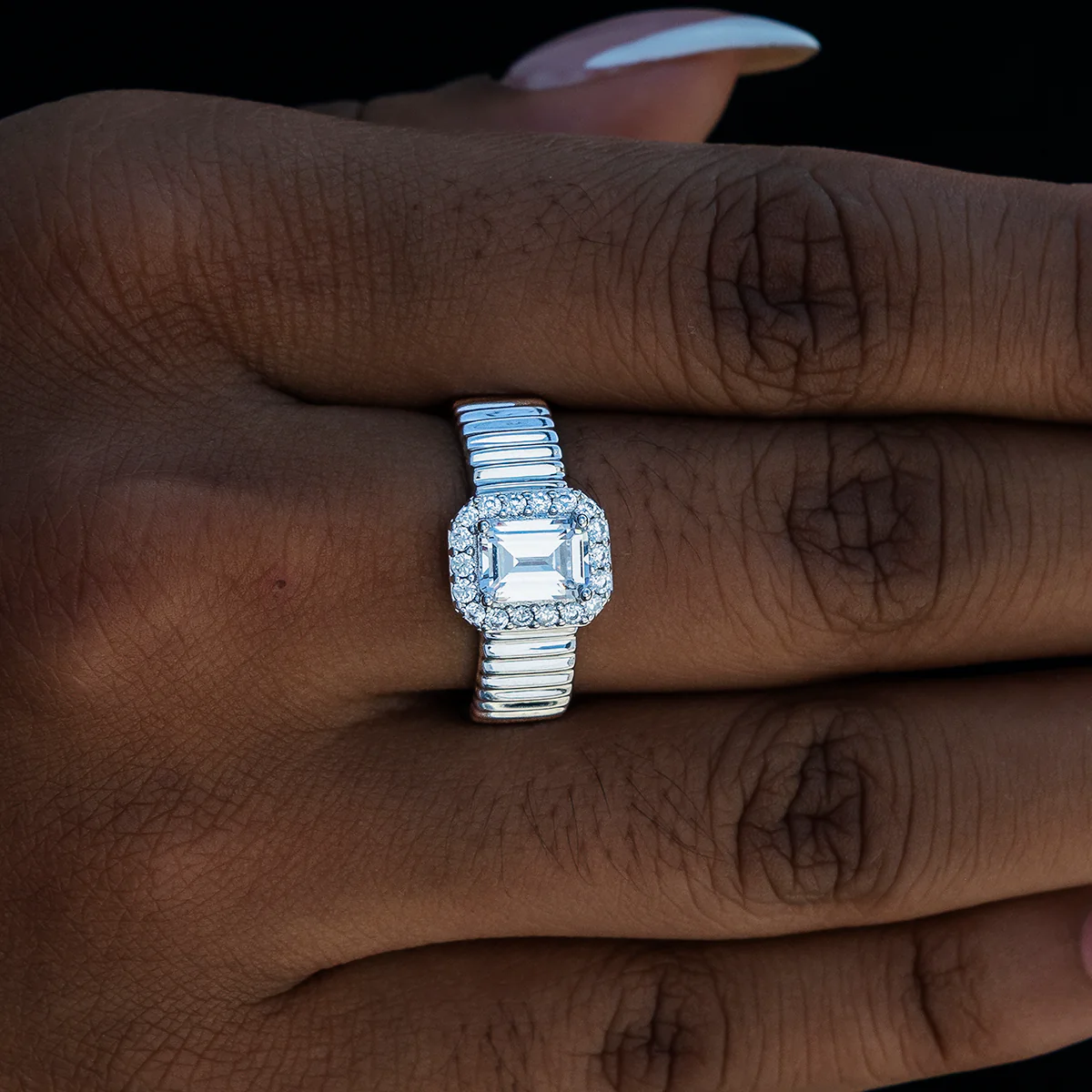 Emerald Cut Diamond Textured Ring in White Gold Vermeil