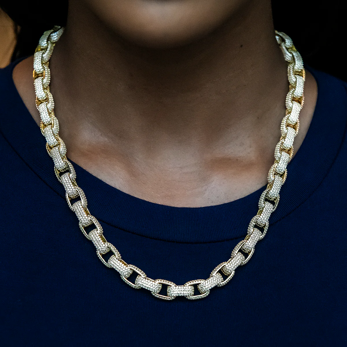 Diamond Box Link Necklace in Yellow Gold- 9mm