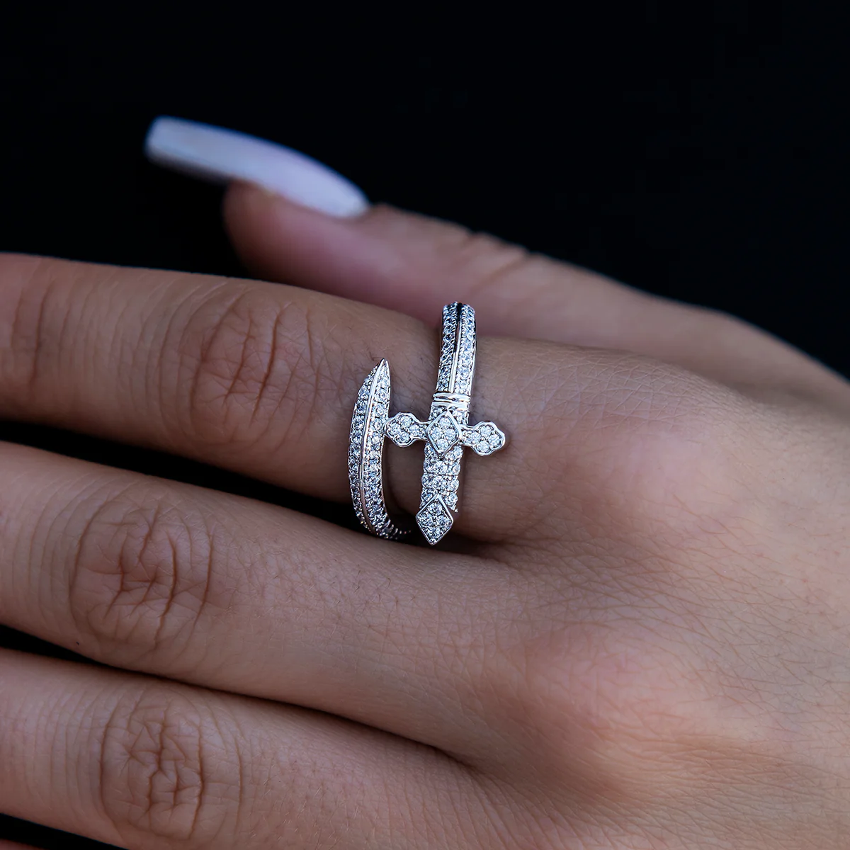 Diamond Sword Ring in White Gold Vermeil