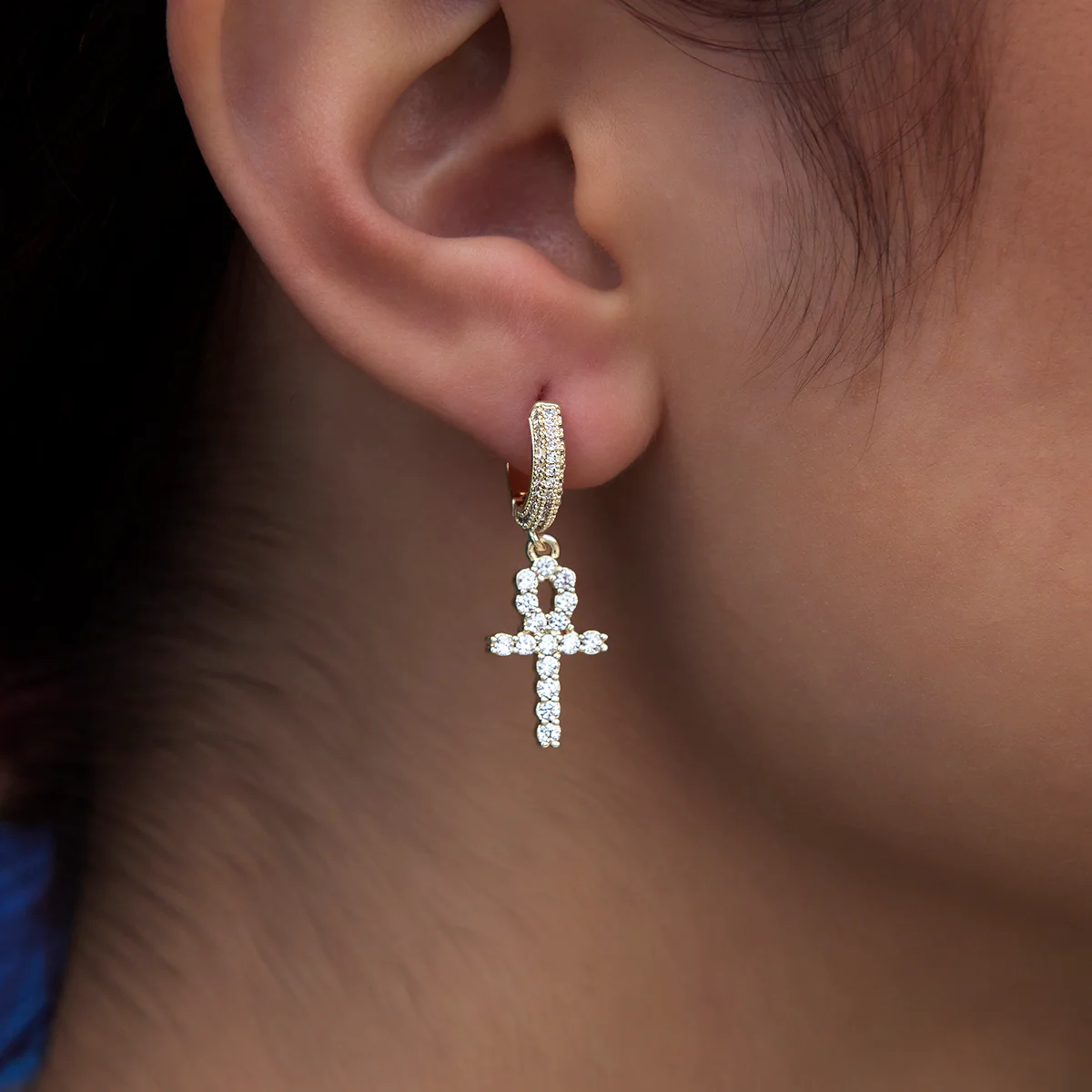 Iced Ankh Cross Hoop Earrings in Yellow Gold