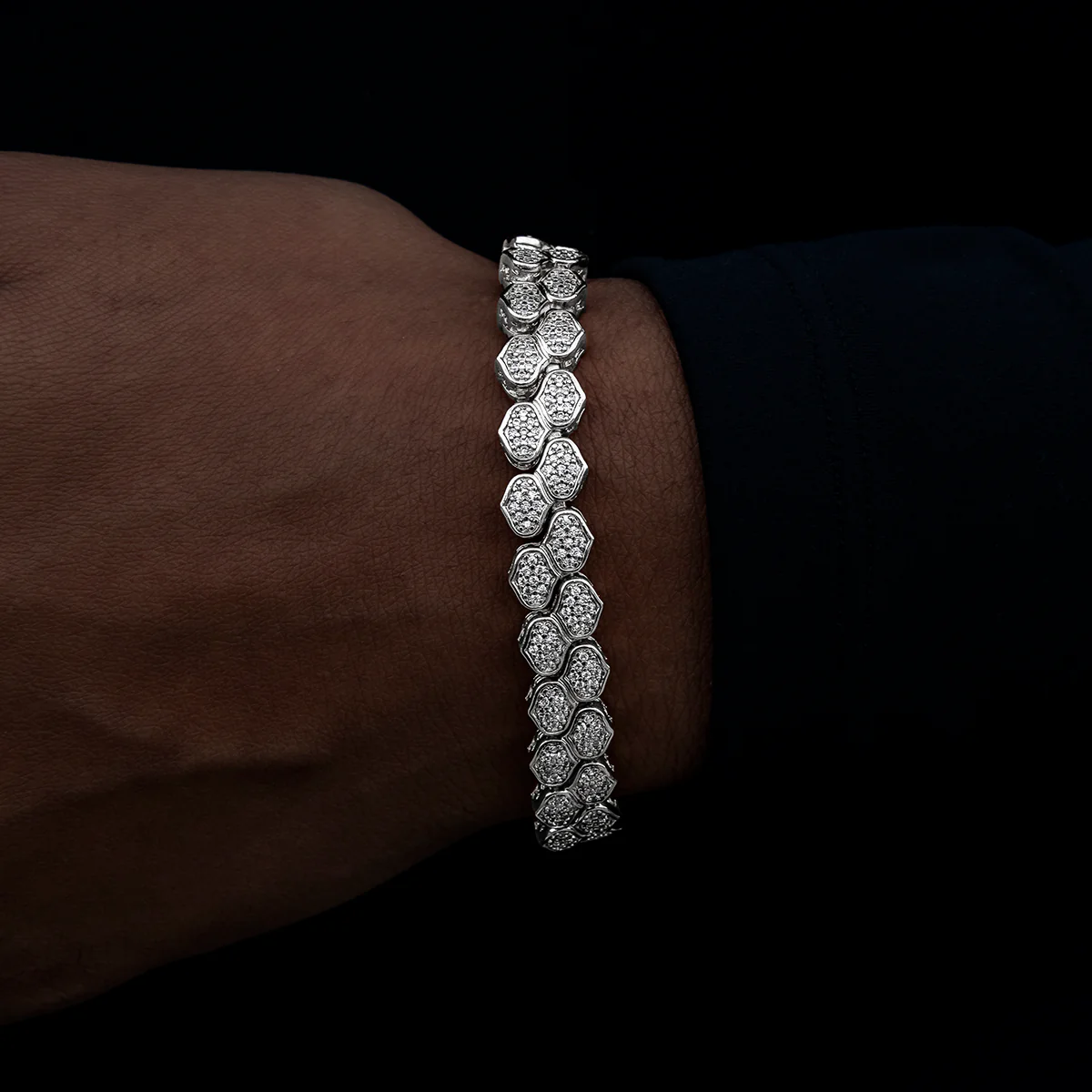 Diamond Pave Flat Snake Link Bracelet in White Gold-4mm