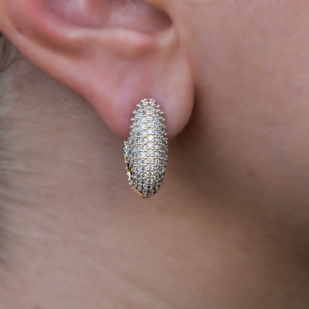 Diamond Puffed Mariner Hoop Earrings in Yellow Gold