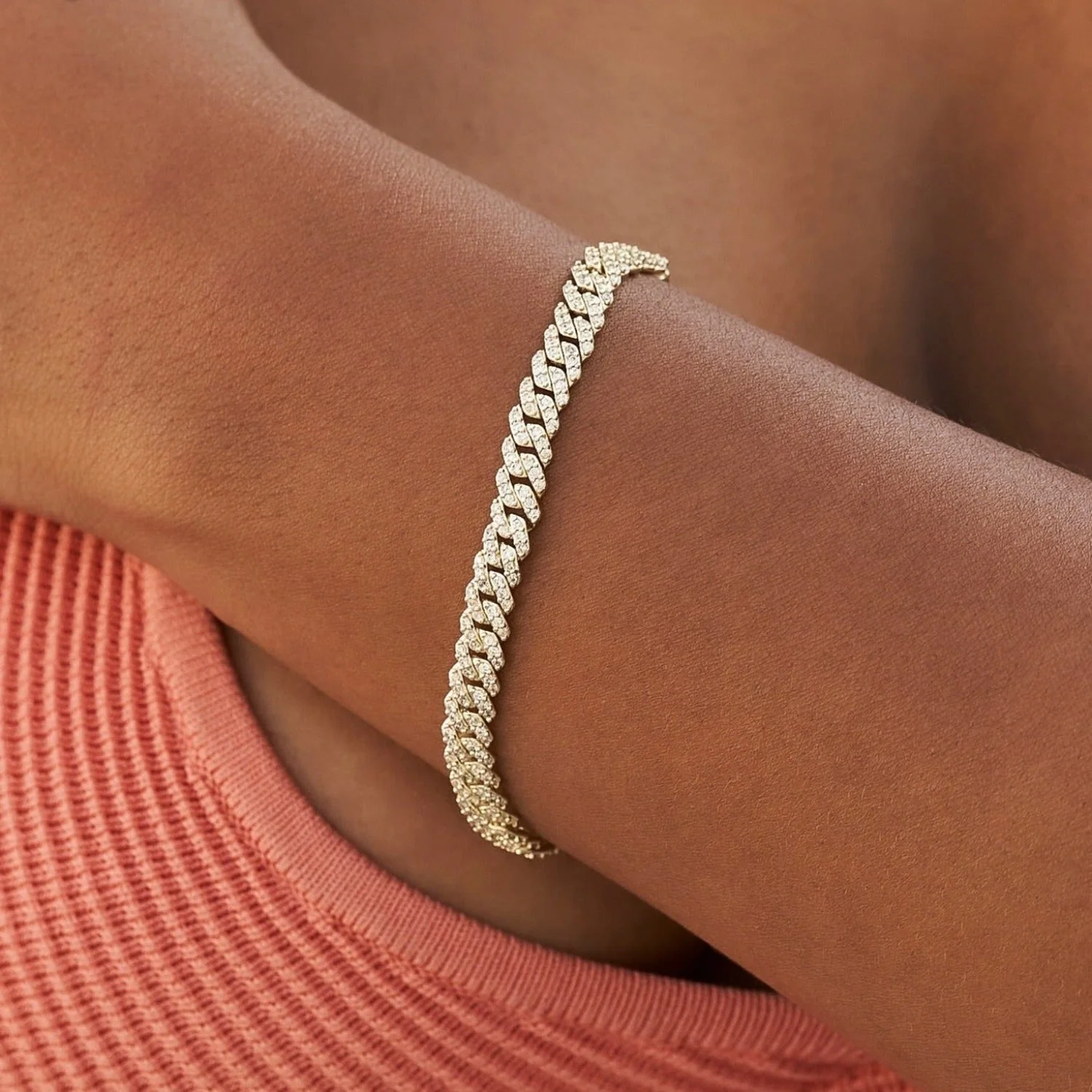 Women's 6MM Micro Diamond Prong Moissanite Cuban Bracelet in Yellow Gold Vermeil