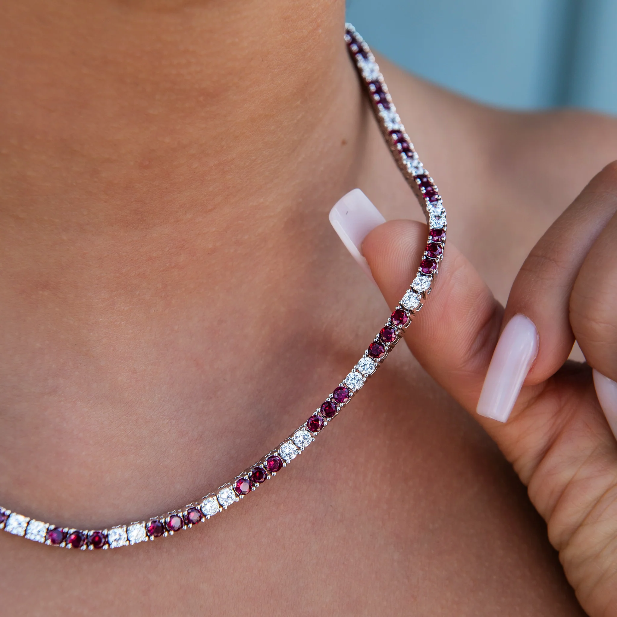 3MM Diamond Tennis Necklace - Burgundy White