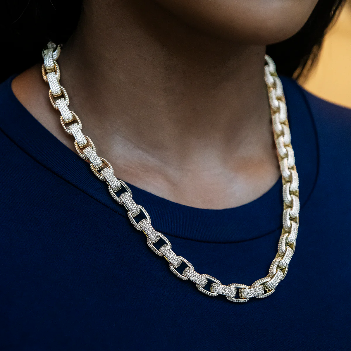 Diamond Box Link Necklace in Yellow Gold- 9mm