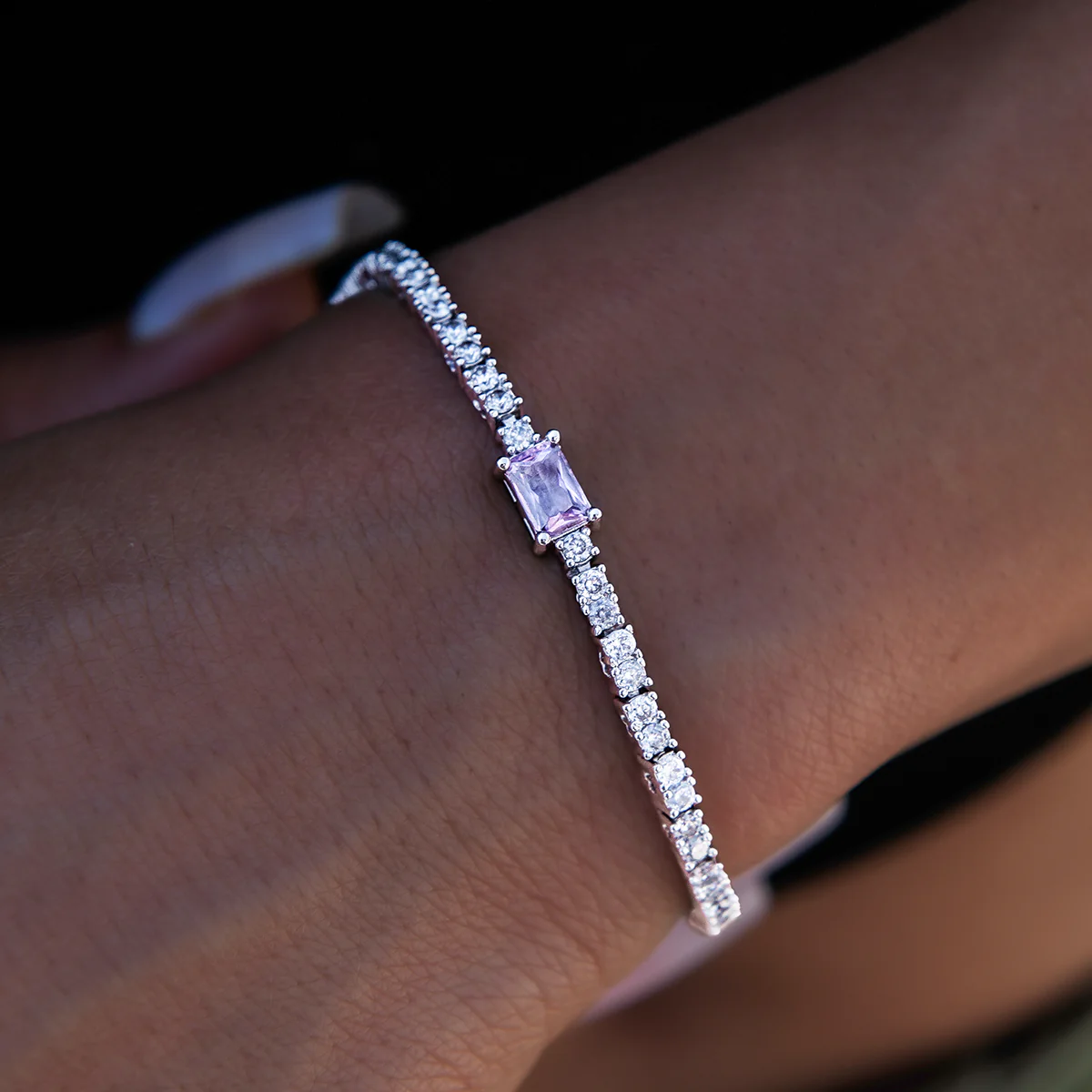 Pink Iced Rock Diamond Tennis Bracelet in White Gold
