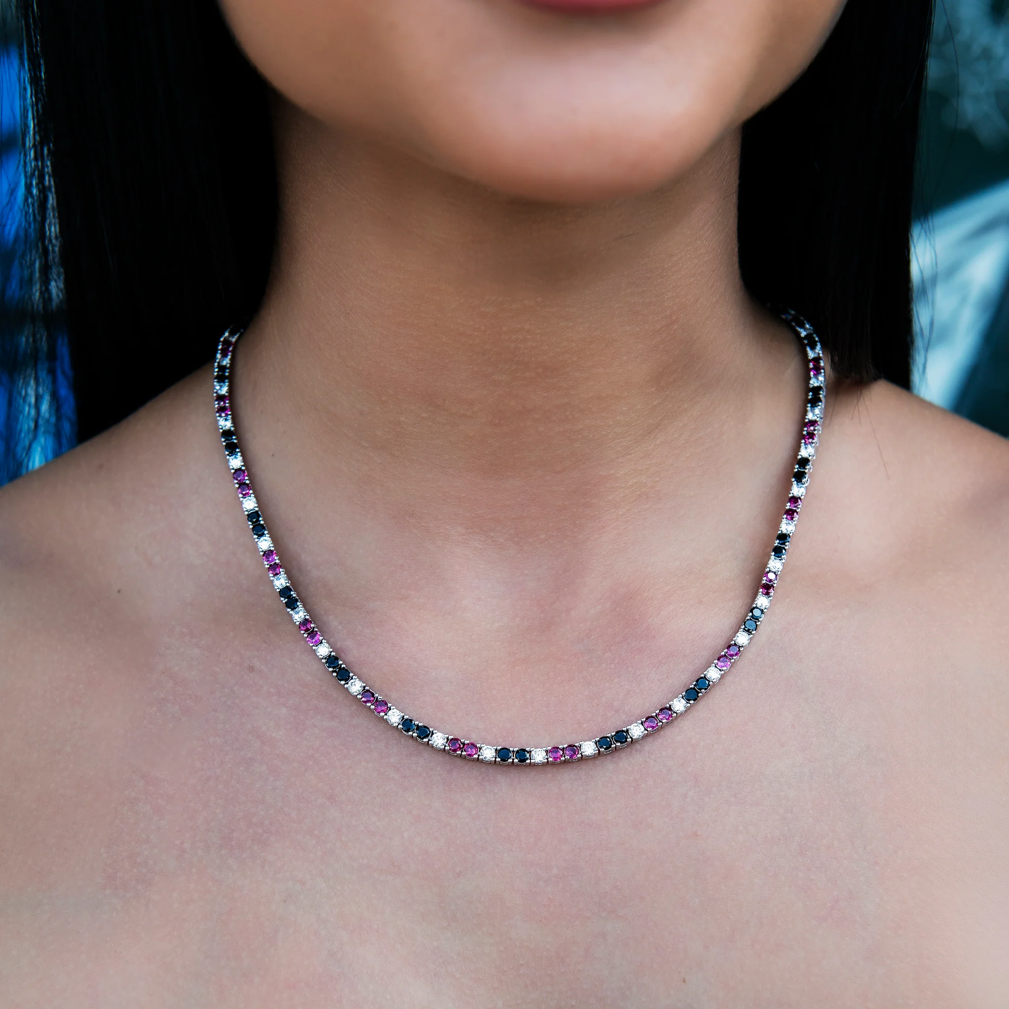 3MM Diamond Tennis Necklace - Black Burgundy White