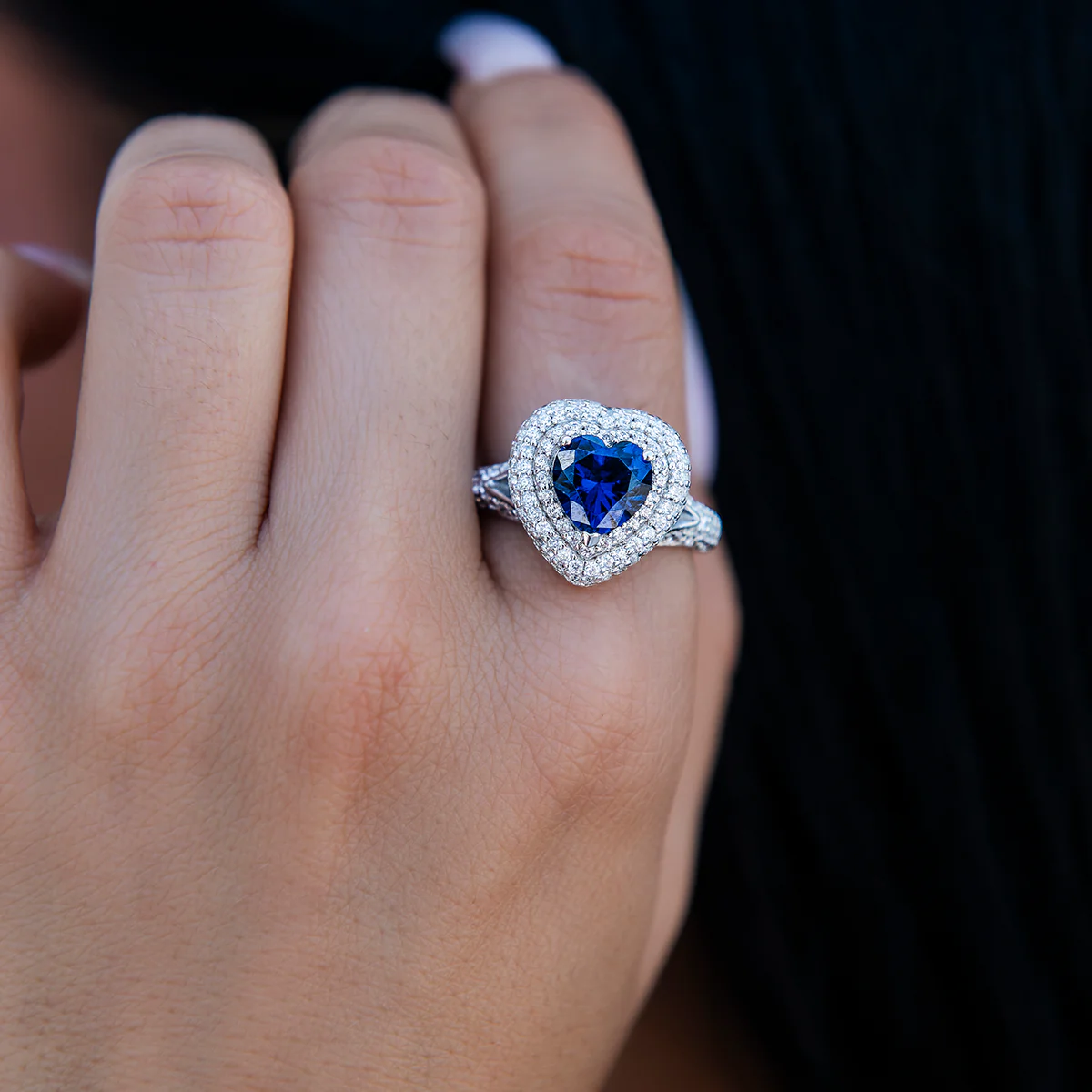 Sapphire Heart Ring in White Gold Vermeil