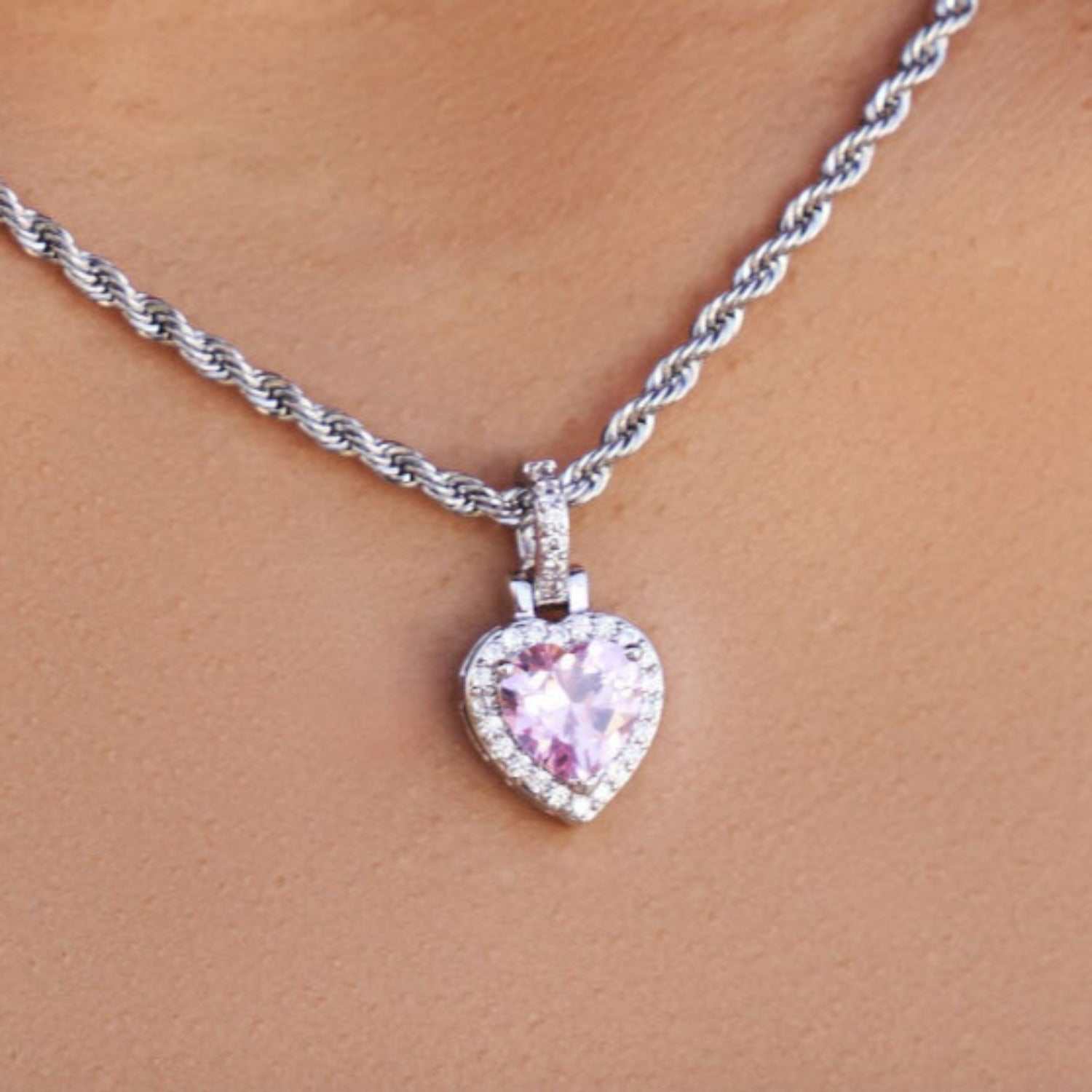 Micro Iced Pink Heart Pendant in White Gold