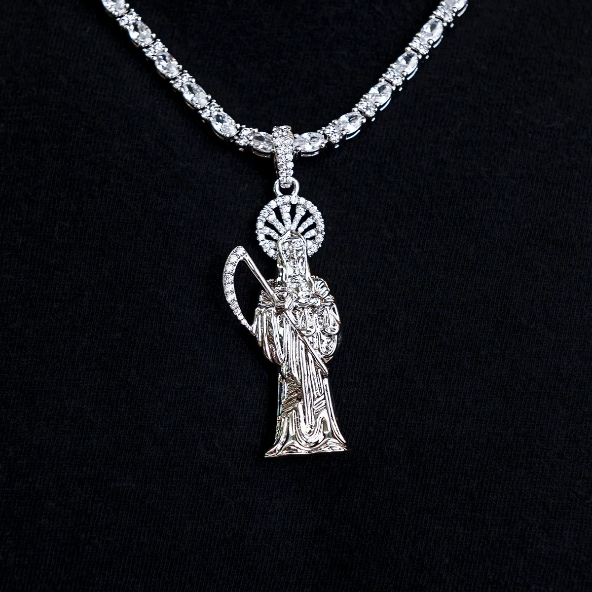 Iced Grim Reaper Pendant in White Gold