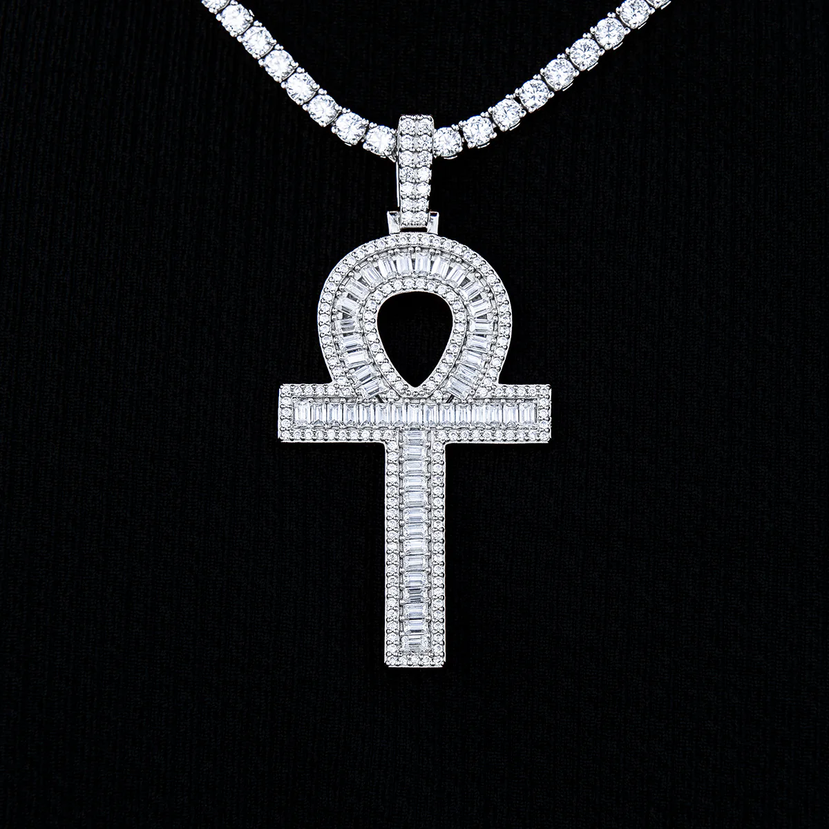 Men's Moissanite Ankh Cross Pendant in White Gold Vermeil