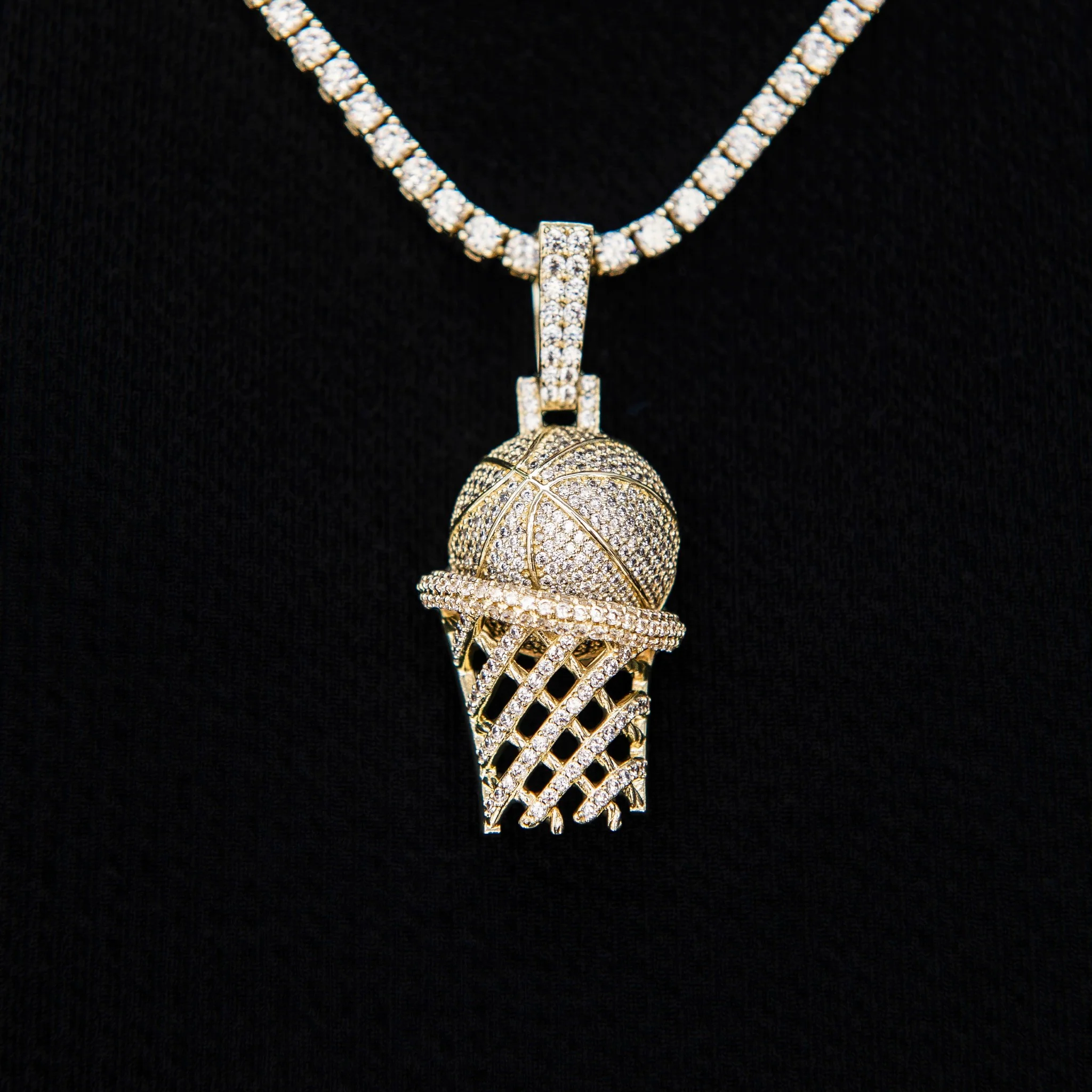 Iced Basketball Hoop Pendant in Yellow Gold