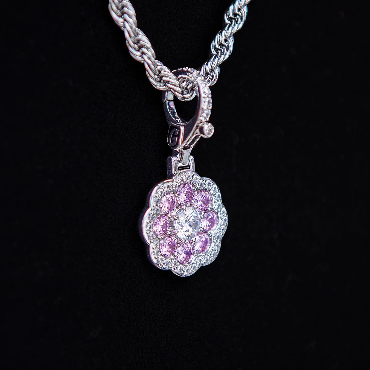 Pink Flower Stone Clip On Pendant - White Gold