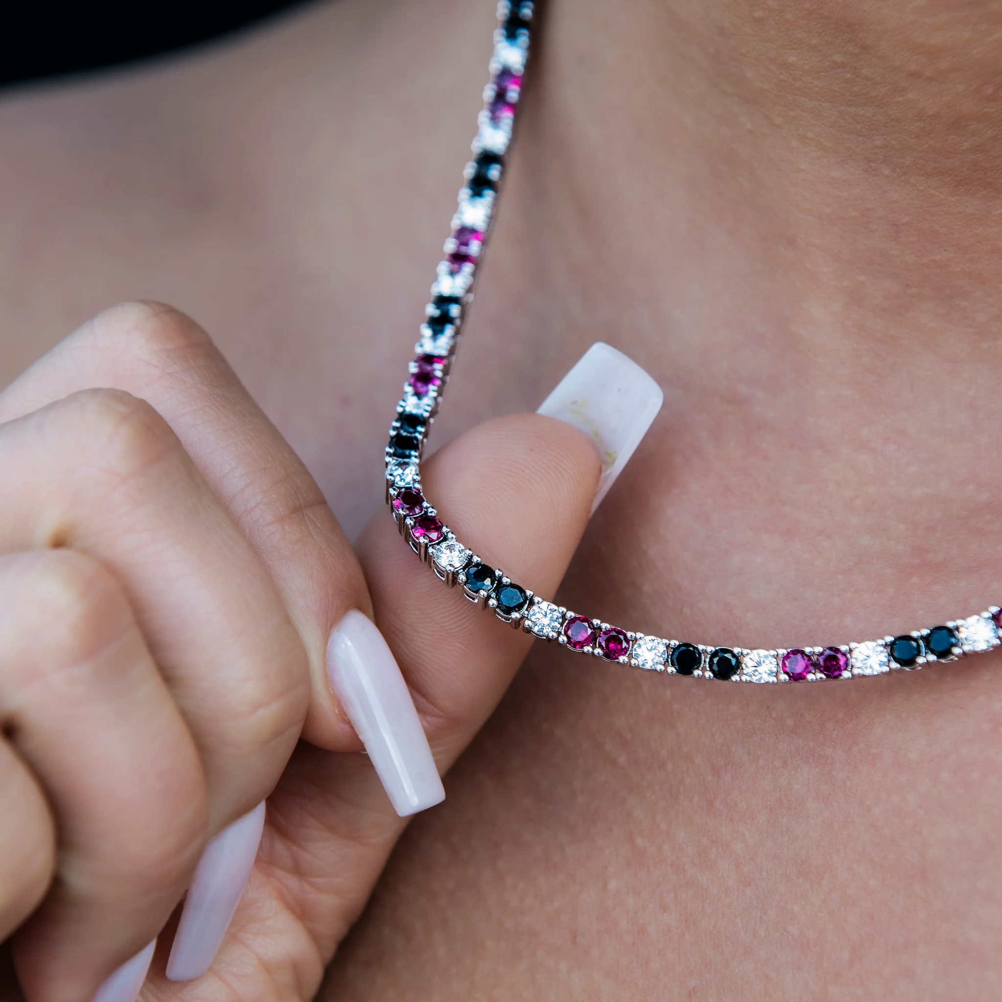 3MM Diamond Tennis Necklace - Black Burgundy White