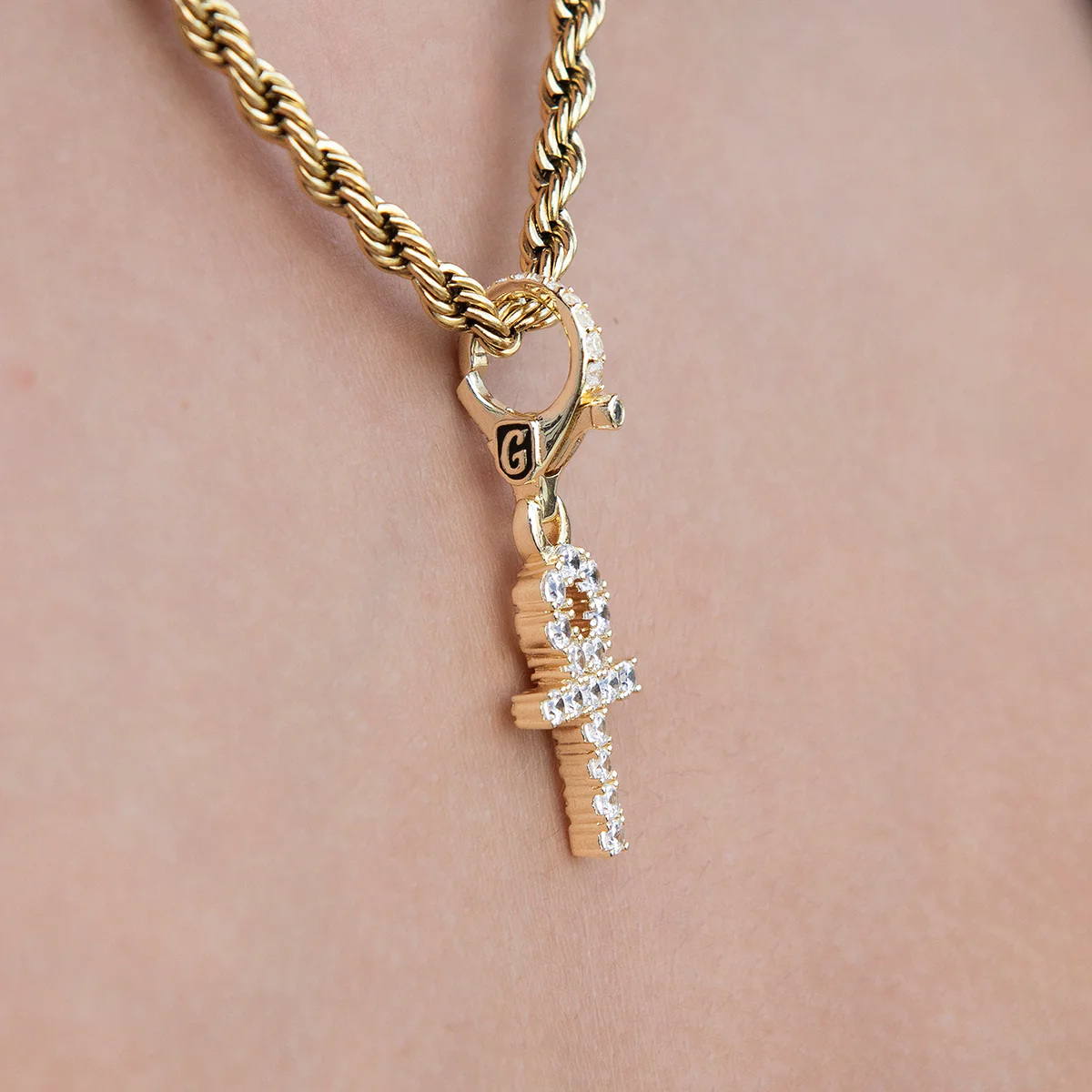 Micro Ankh Cross Clip On Charm Pendant in Yellow Gold