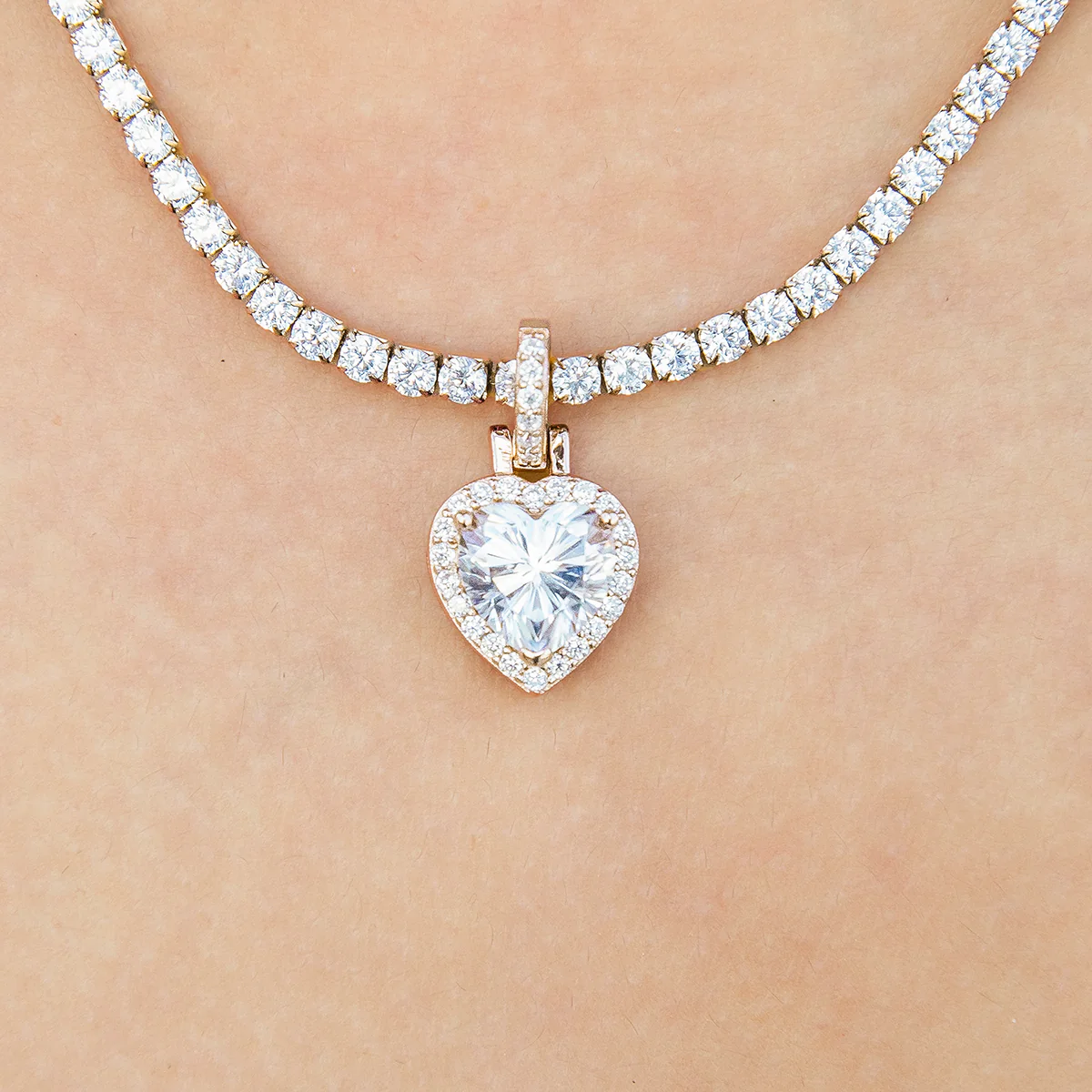 Women's Moissanite Micro Iced Heart Pendant in Yellow Gold Vermeil