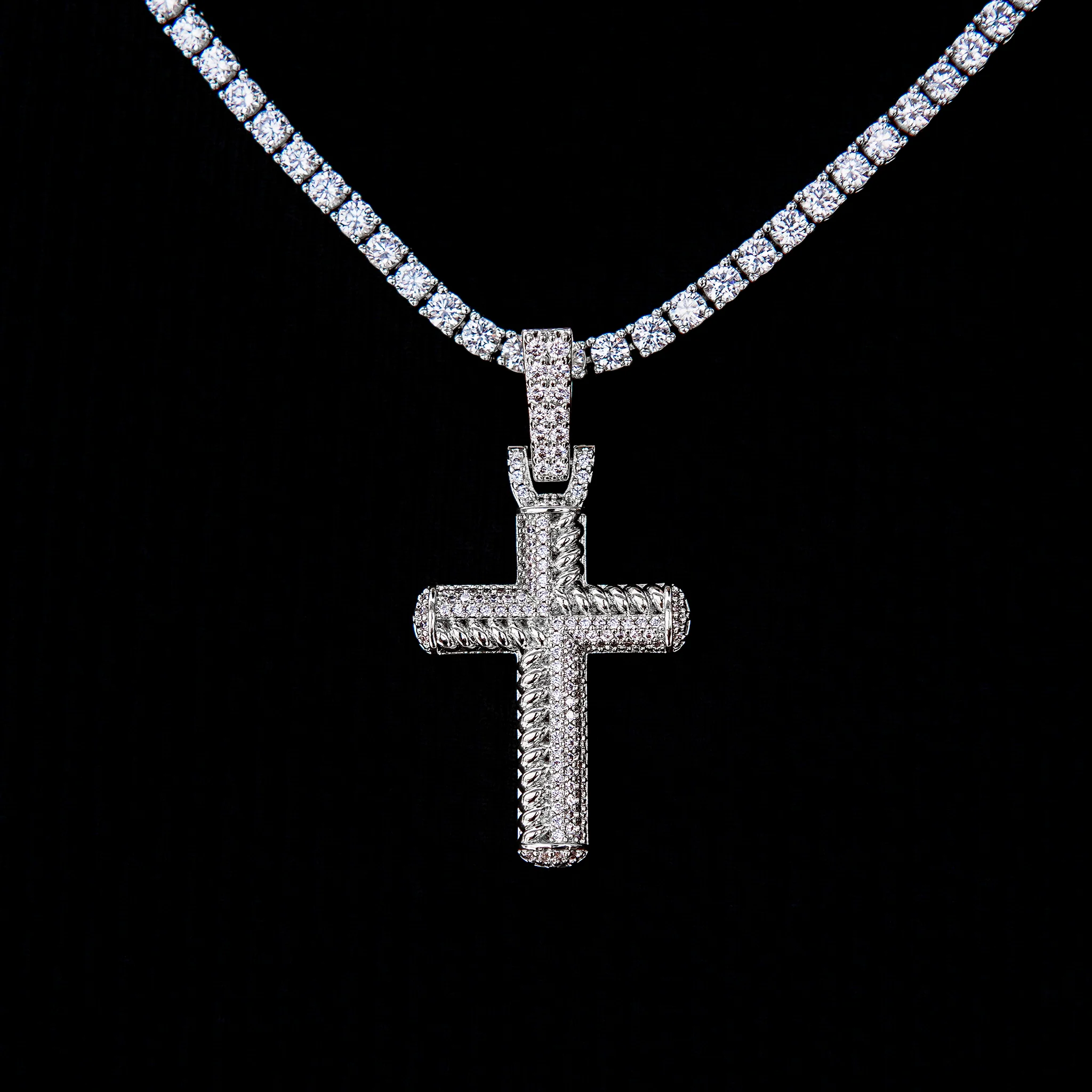 Iced Rope Mix Cross Pendant in White Gold