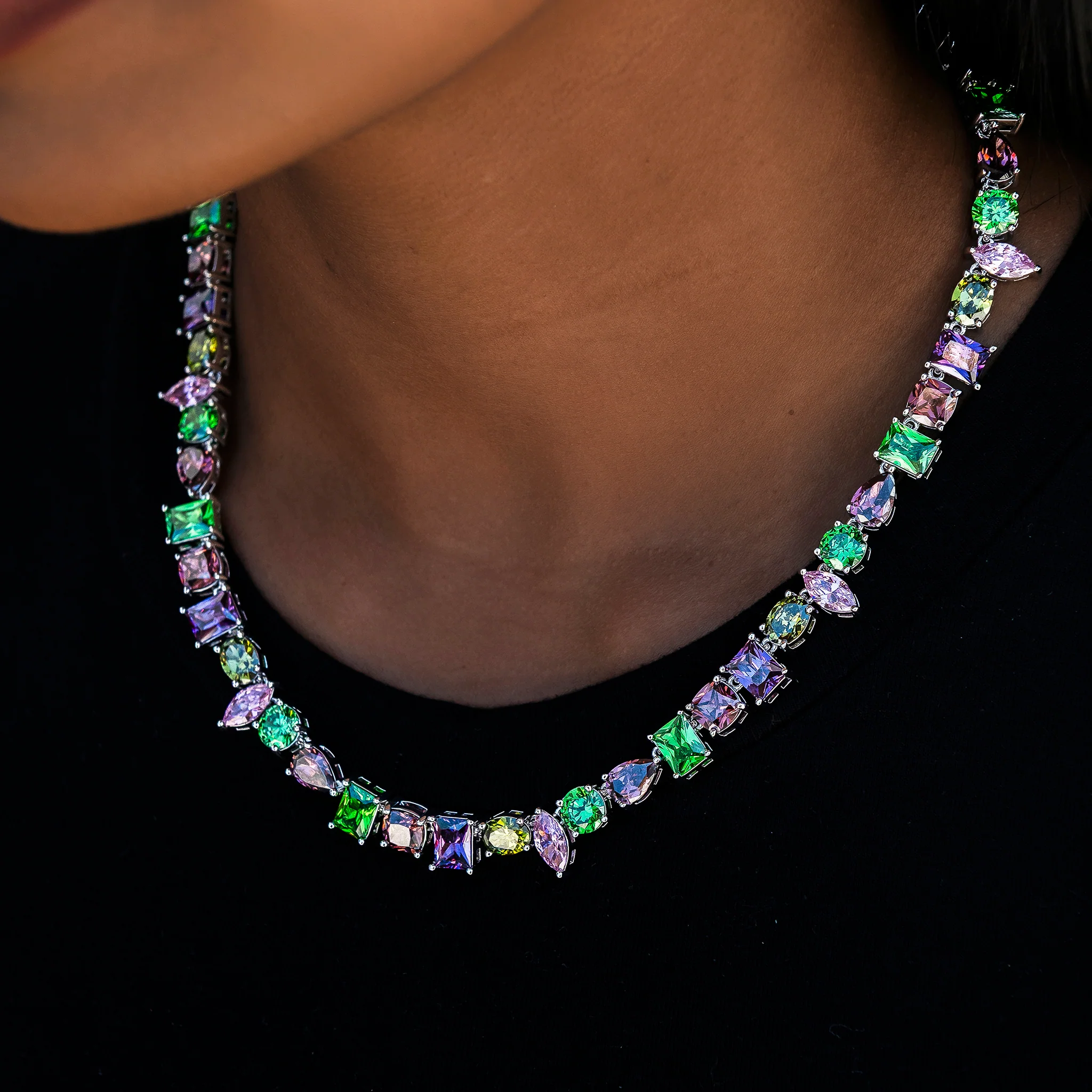 Floating Multicolor Stone Necklace in White Gold