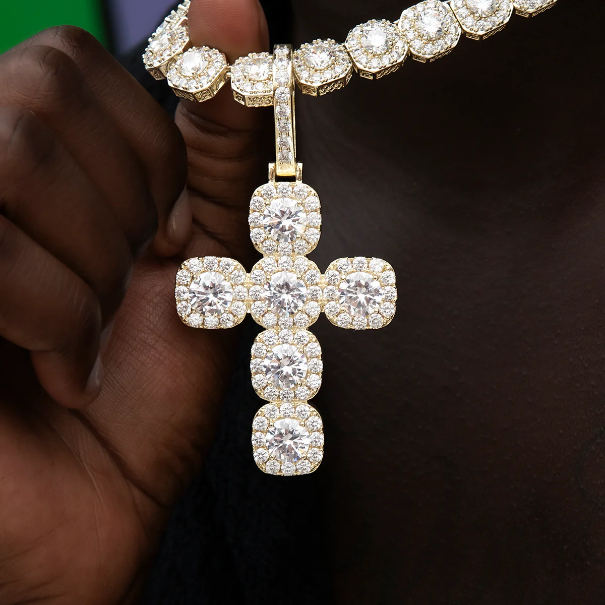 Cushion Cut Stone Cross Pendant in Yellow Gold