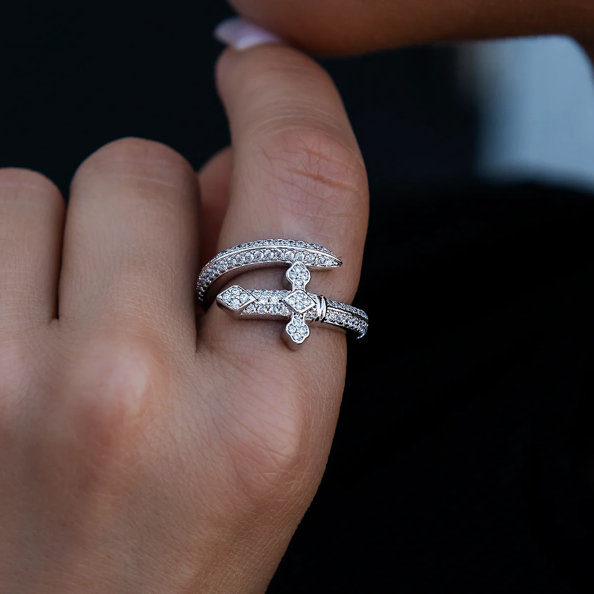 Diamond Sword Ring in White Gold Vermeil