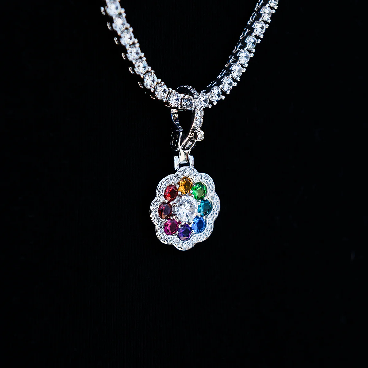 Rainbow Flower Clip On Pendant in White Gold