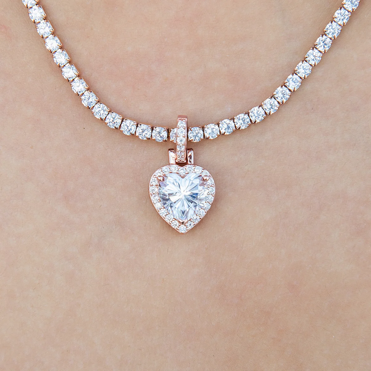 Women's Moissanite Micro Iced Heart Pendant in Rose Gold Vermeil