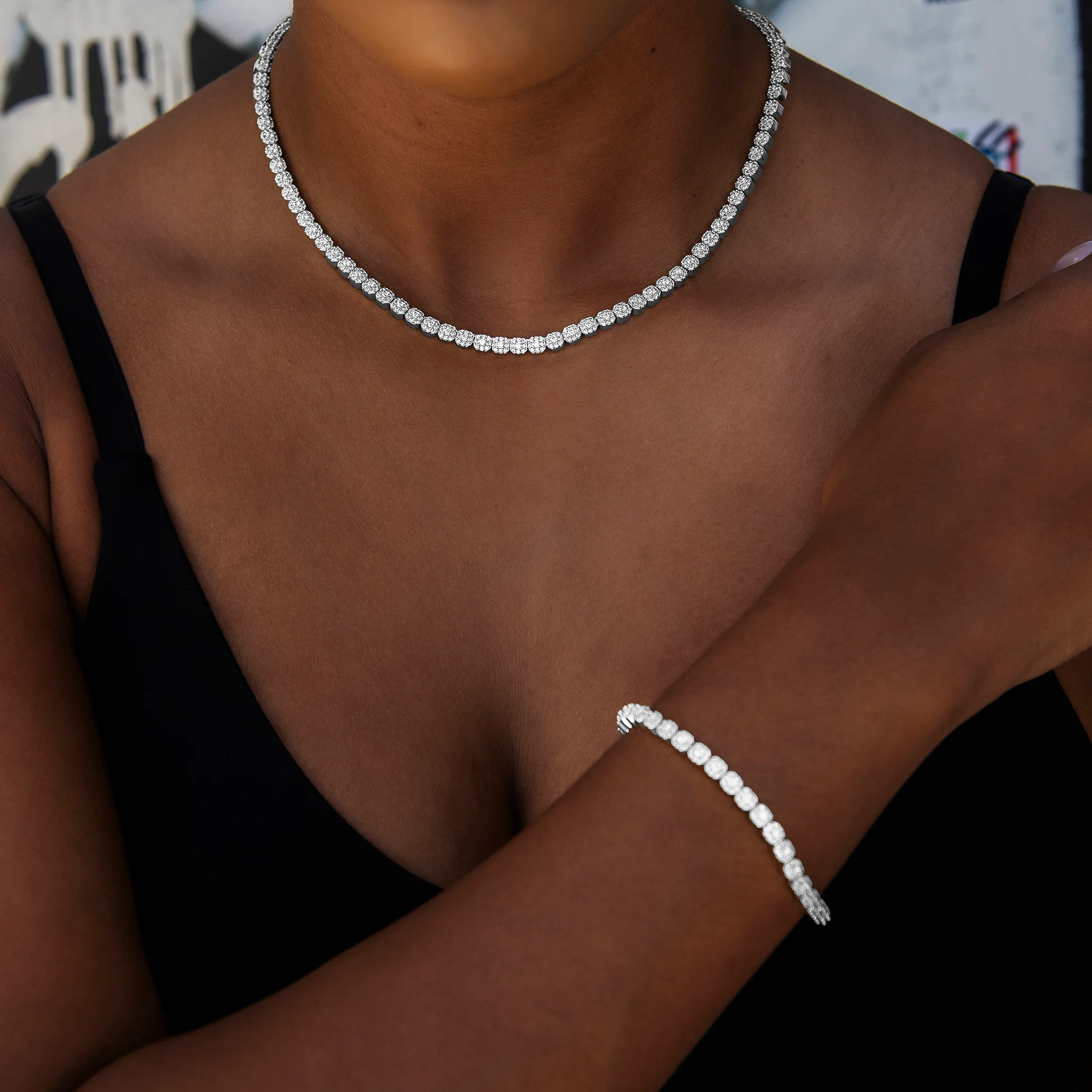 Iced Mini Clustered Tennis Necklace + Bracelet Bundle in White Gold