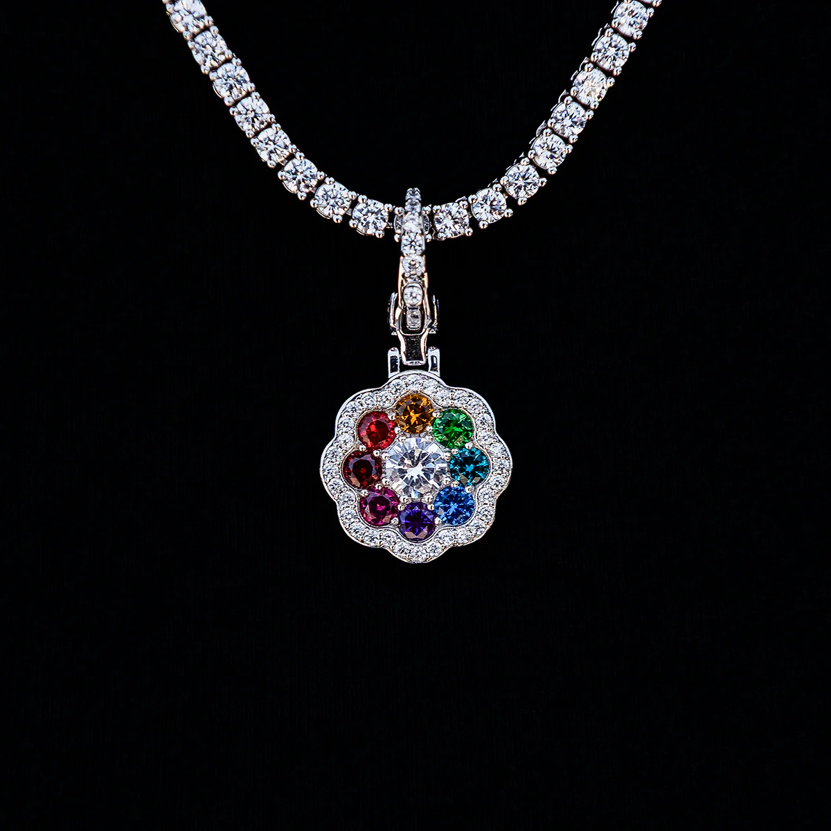 Rainbow Flower Clip On Pendant in White Gold