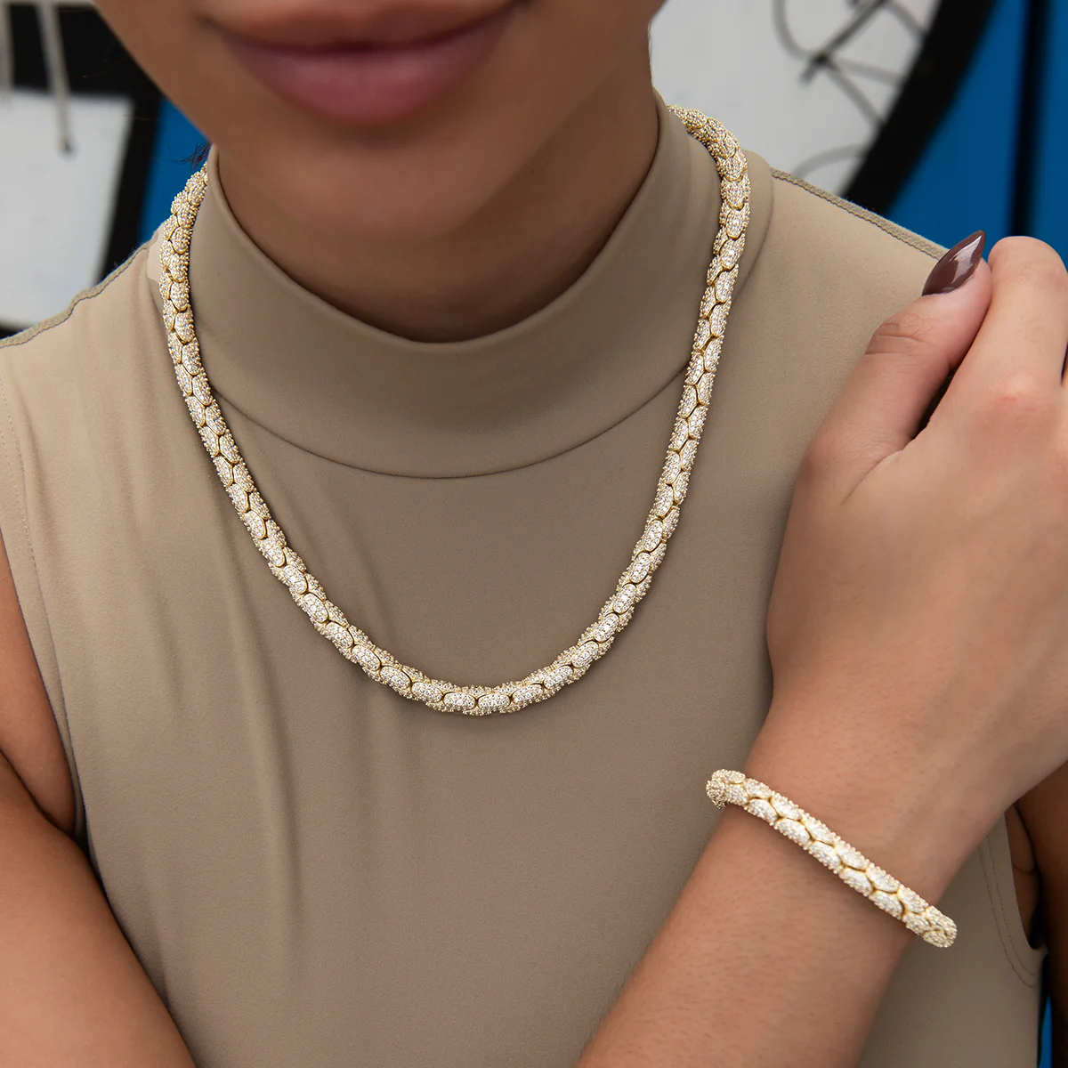 Diamond Pave Snake Link Necklace + Bracelet Bundle in Yellow Gold- 6mm