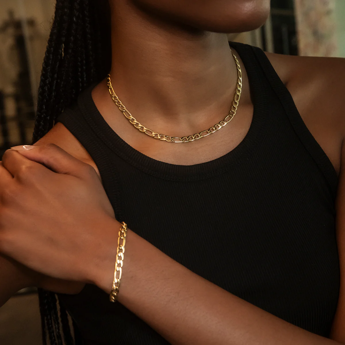 Figaro Necklace + Bracelet Bundle in Yellow Gold- 6mm